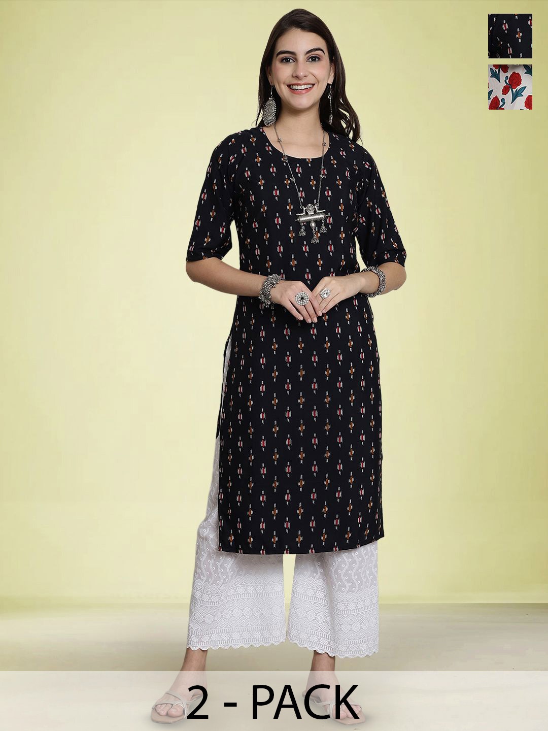 

Moda Rapido Selection Of 2 Abstract Printed Round Neck Straight Kurtas, Black