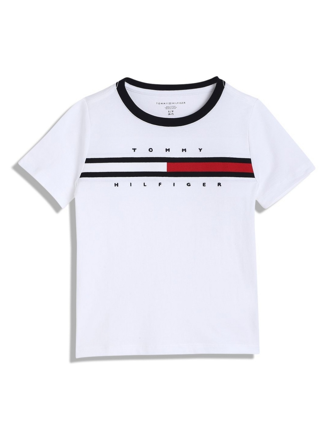 

Tommy Hilfiger Boys Striped Round Neck Cotton T-shirt, White