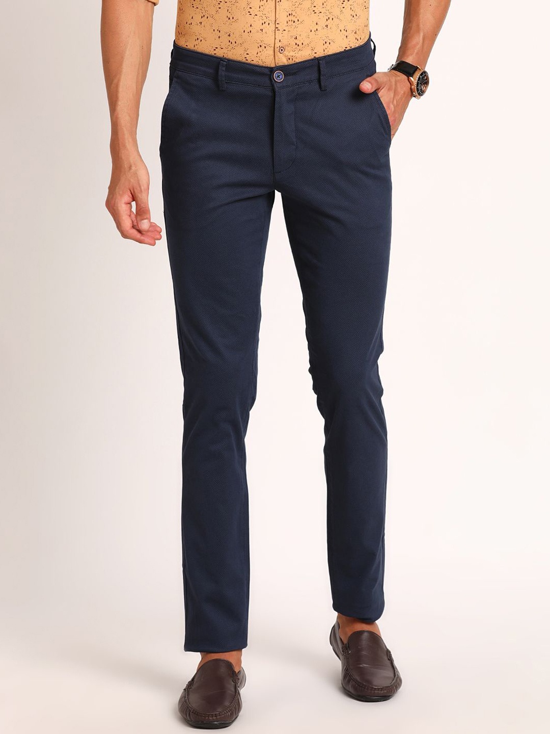 

Turtle Men Checked Relaxed Slim Fit Cotton Chinos Trousers, Navy blue