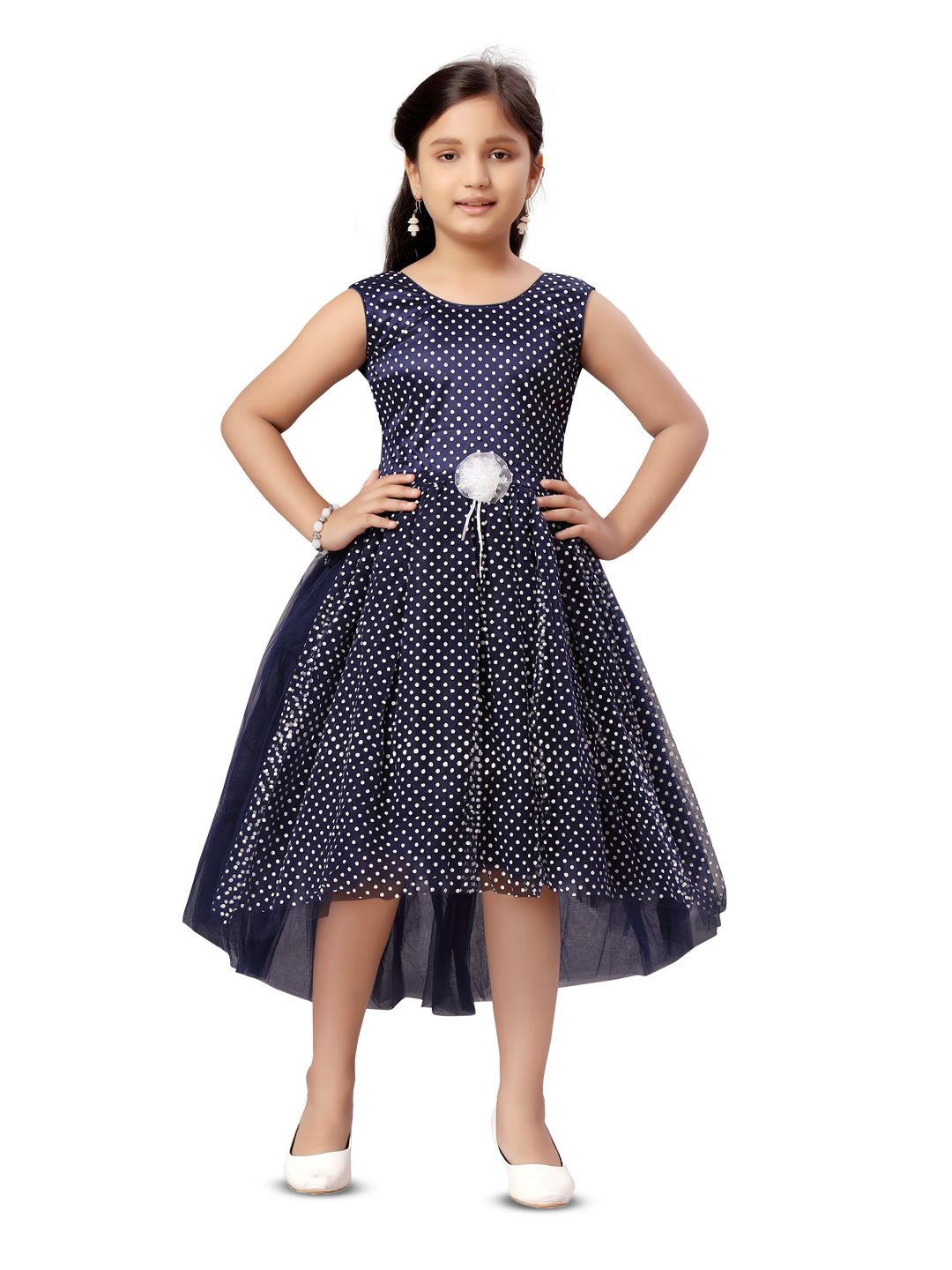 

YK Girls Polka Dot Printed Fit & Flare Midi Dress, Navy blue