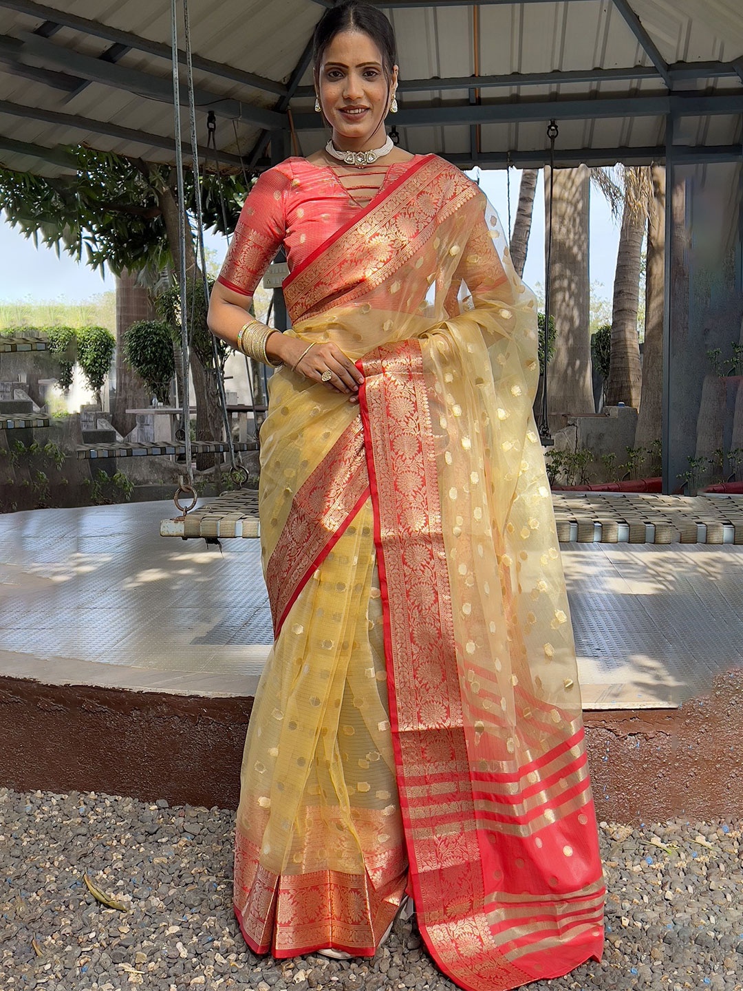 

JULEE Woven Design Ready to Wear Saree, Yellow