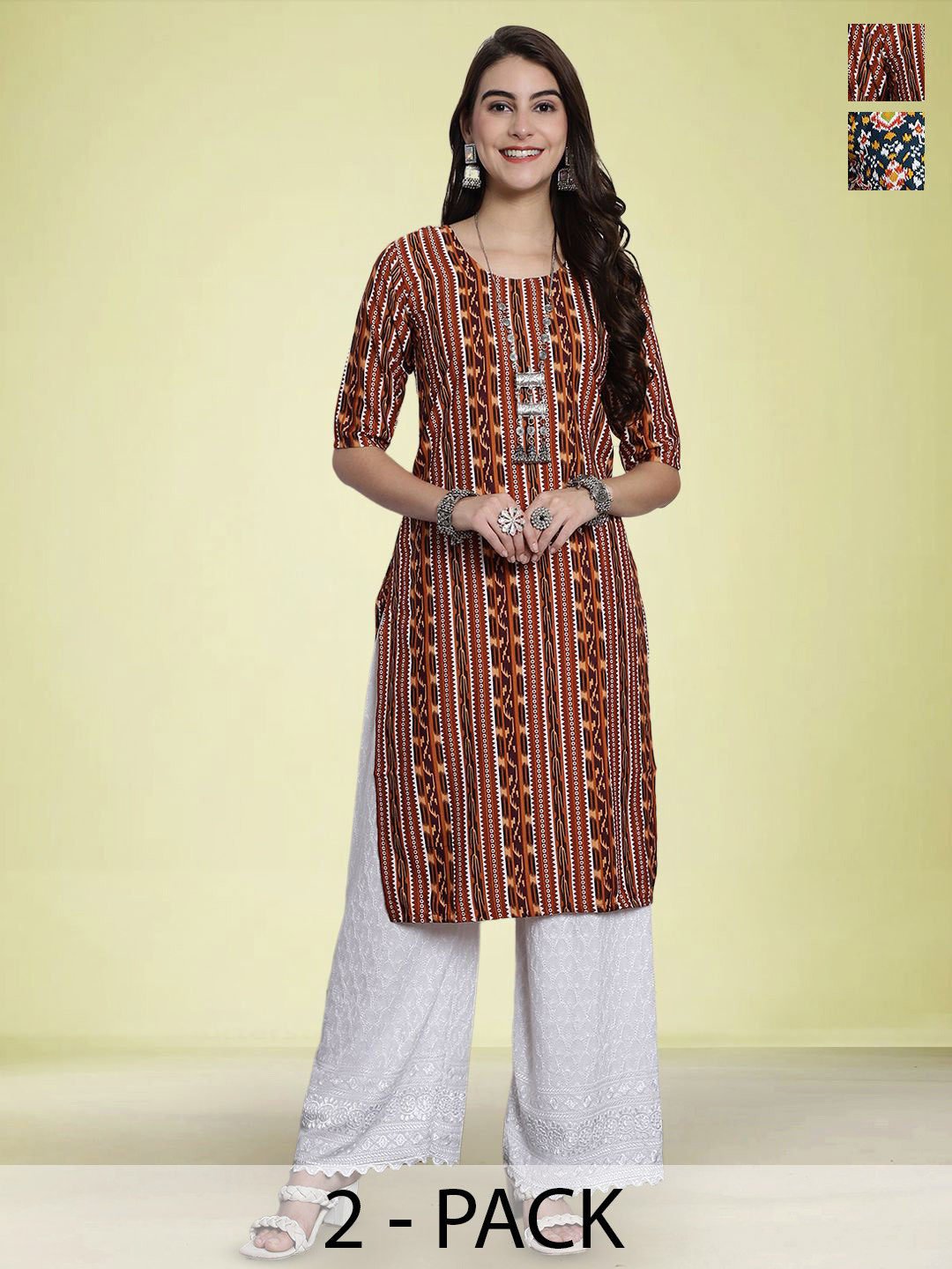 

Moda Rapido Selection Of 2 Geometric Printed Round Neck Straight Kurtas, Red