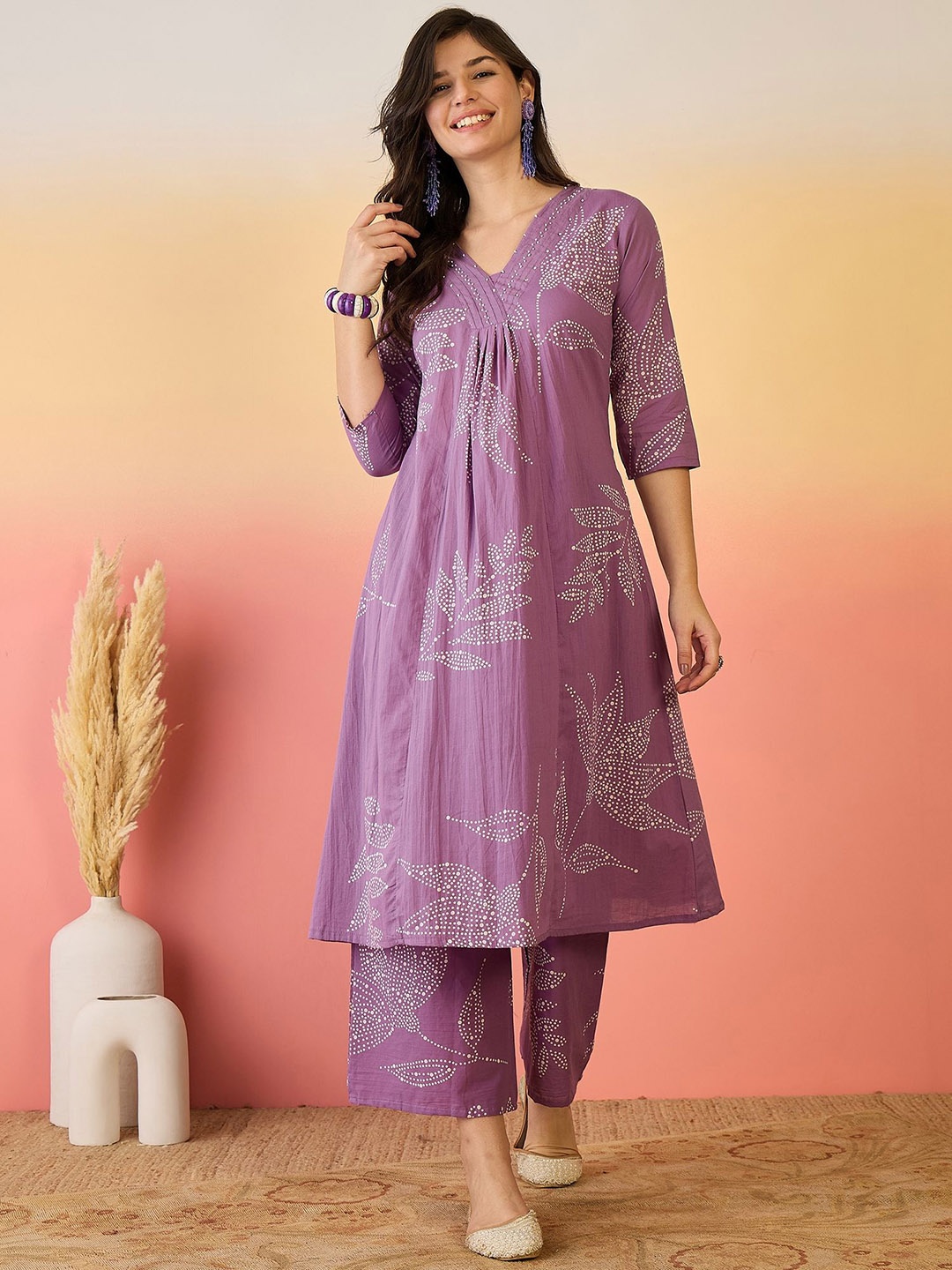

Sangria Floral Printed Beads And Stone Pure Cotton A-line Kurta With Palazzo, Purple