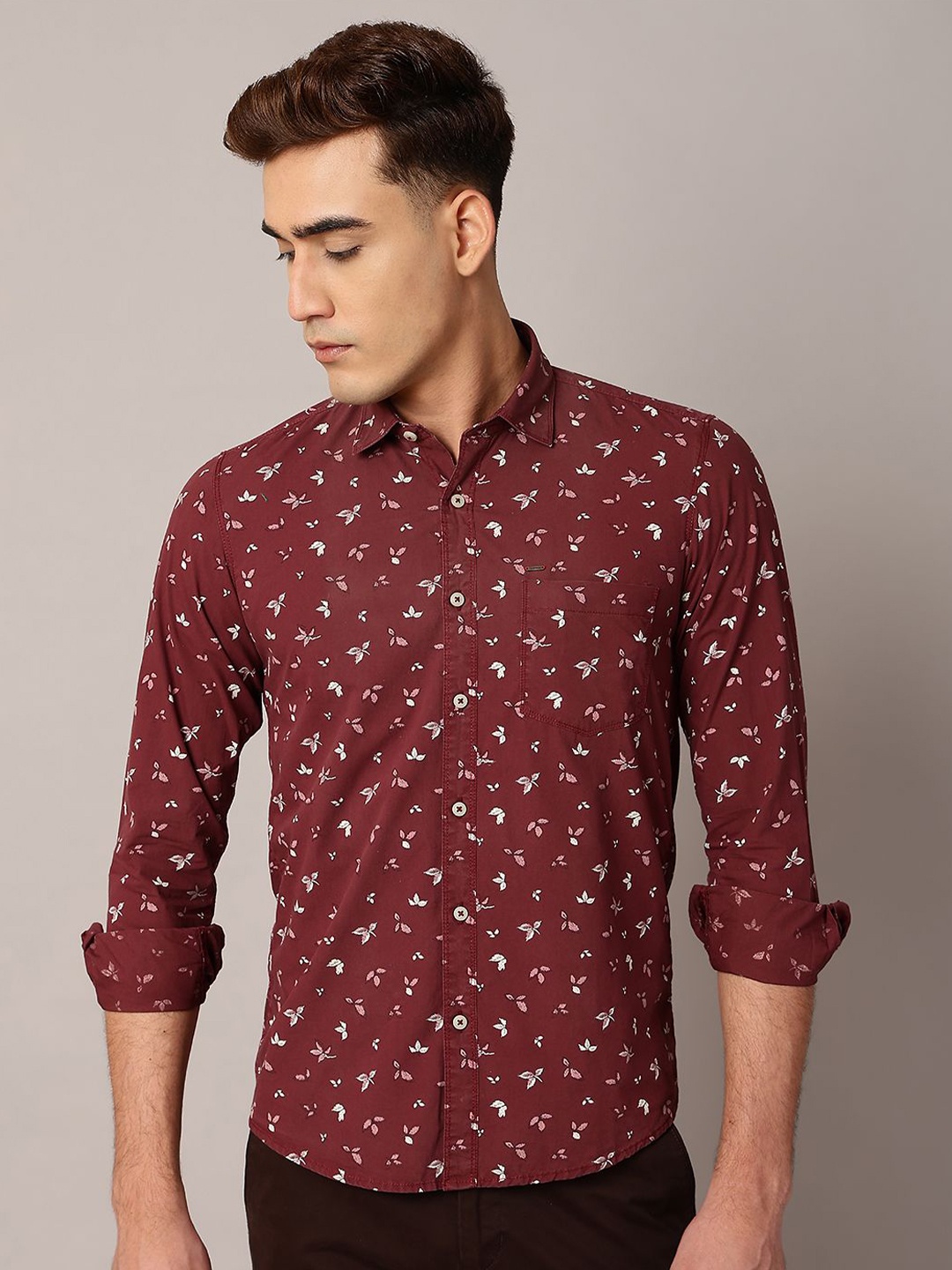 

TQS Men Floral Opaque Printed Casual Shirt, Maroon