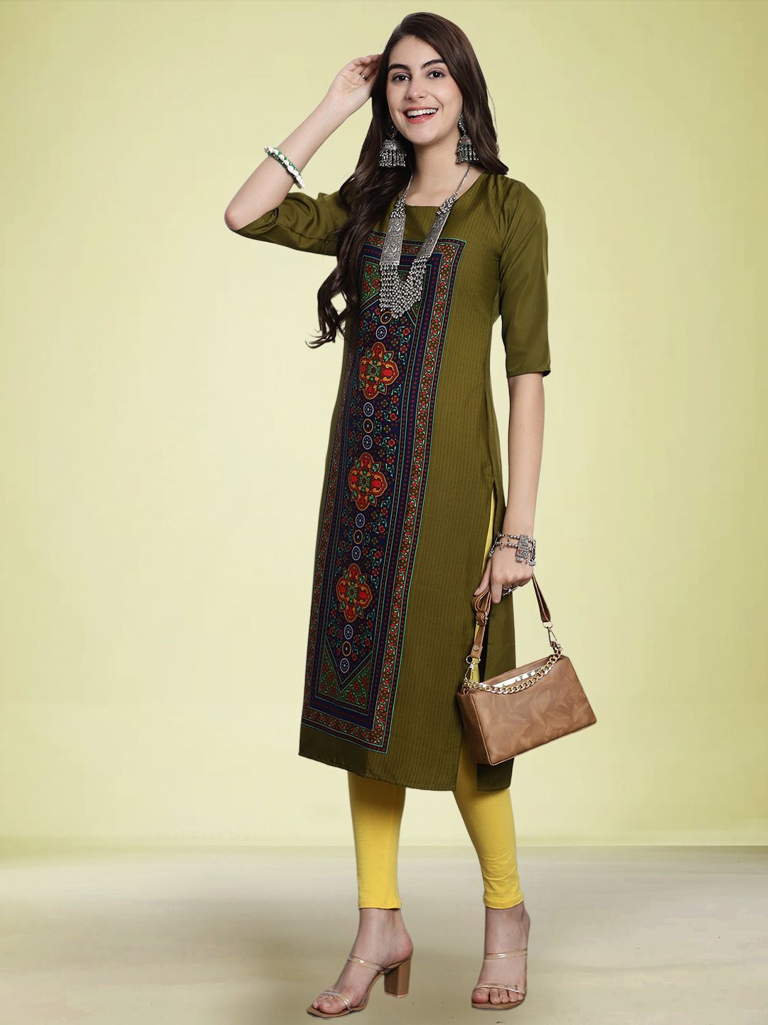 

Moda Rapido Ethnic Motifs Printed Round Neck Straight Kurta, Olive