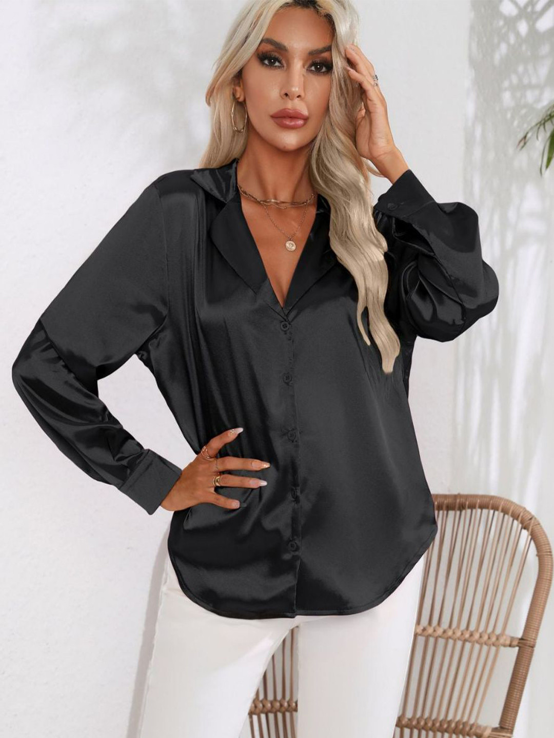 

Oh Rare Women Cuban Collar Solid Casual Shirt, Black