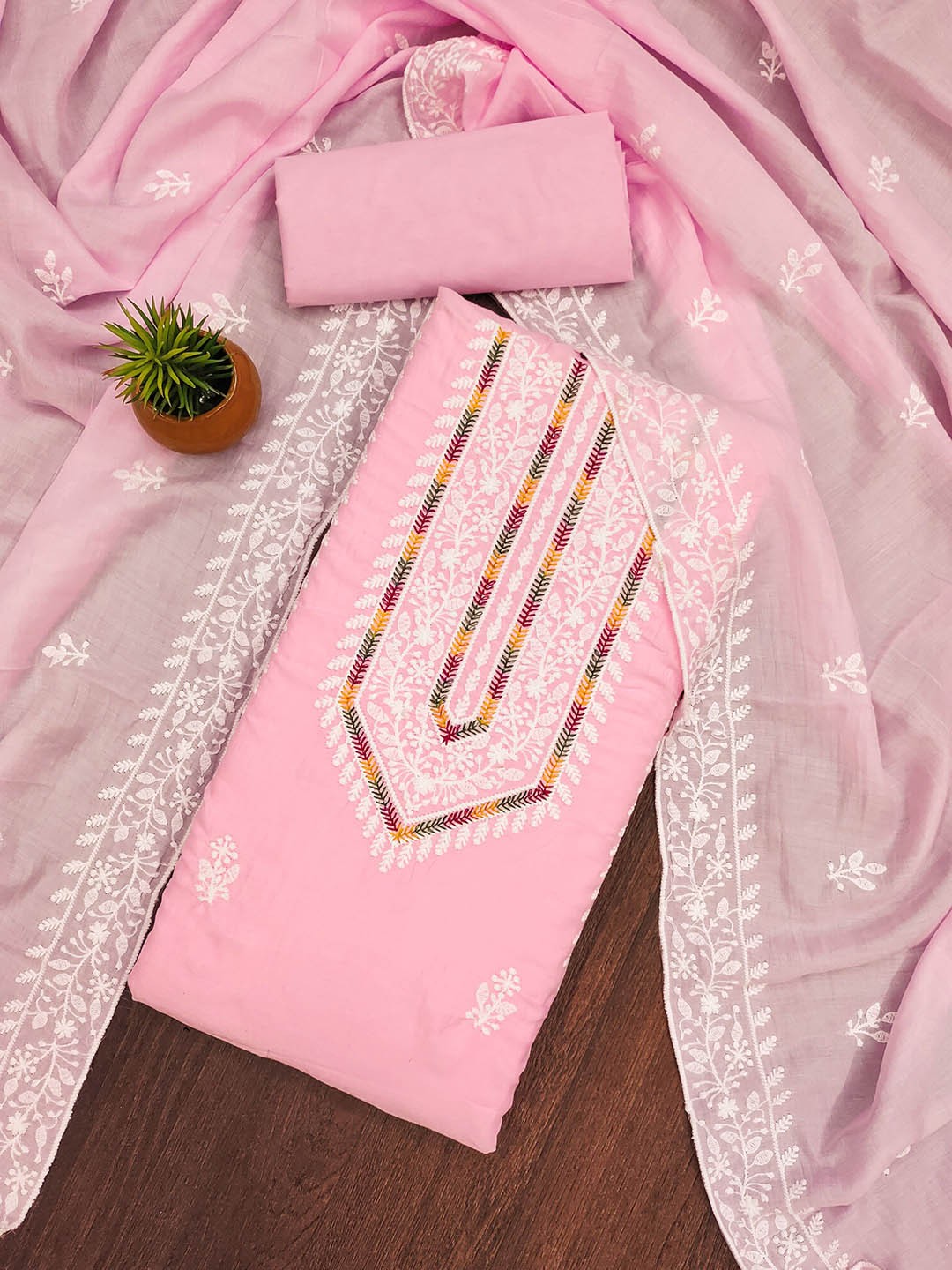 

HERE&NOW Floral Embroidered Thread Work Unstitched Dress Material, Pink