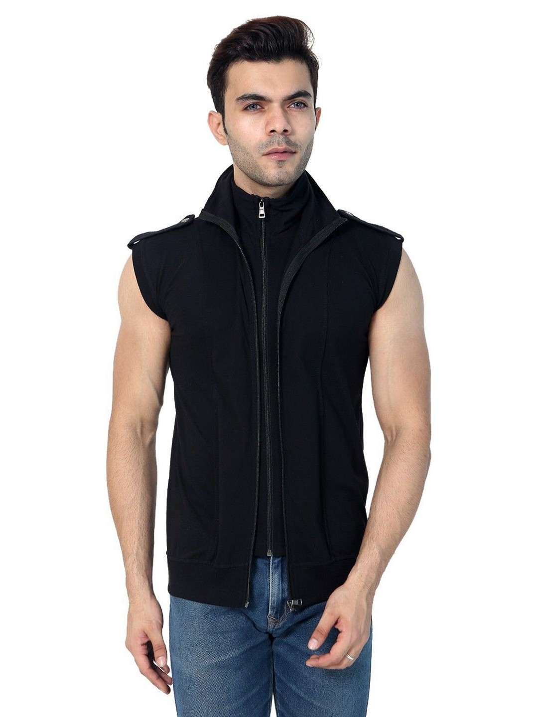 

Black Collection Solid Turtle Neck Double Zipper Sleeveless Slim Fit T-Shirt