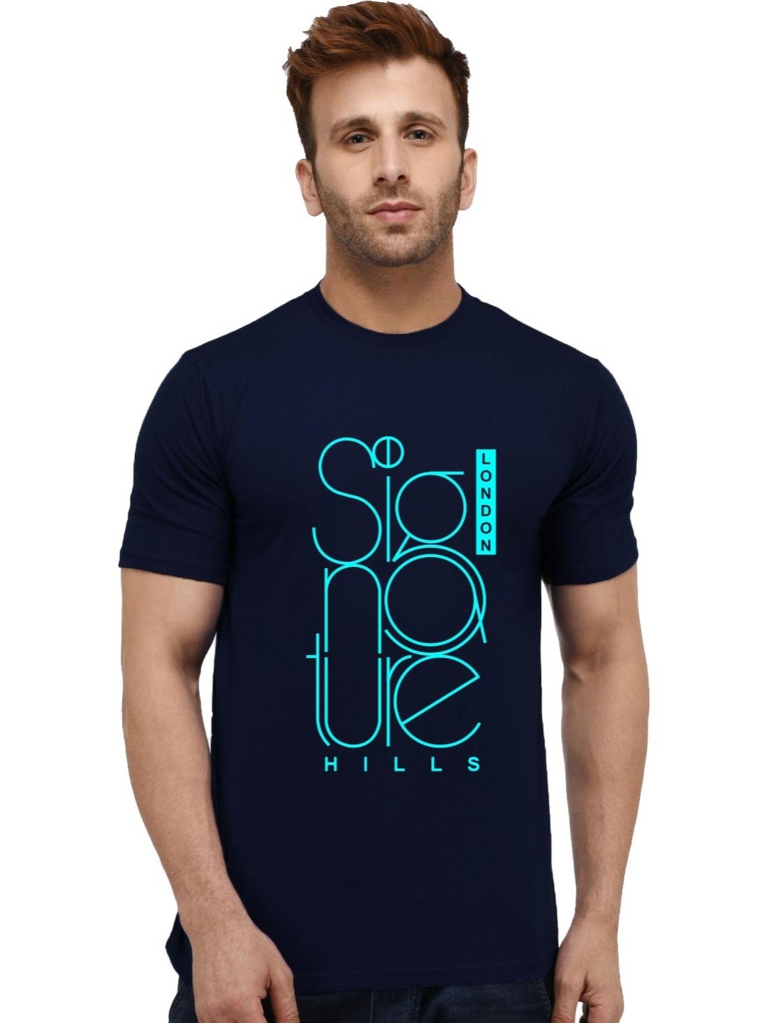 

London Hills Men Typography Printed Round Neck Cotton T-shirt, Navy blue
