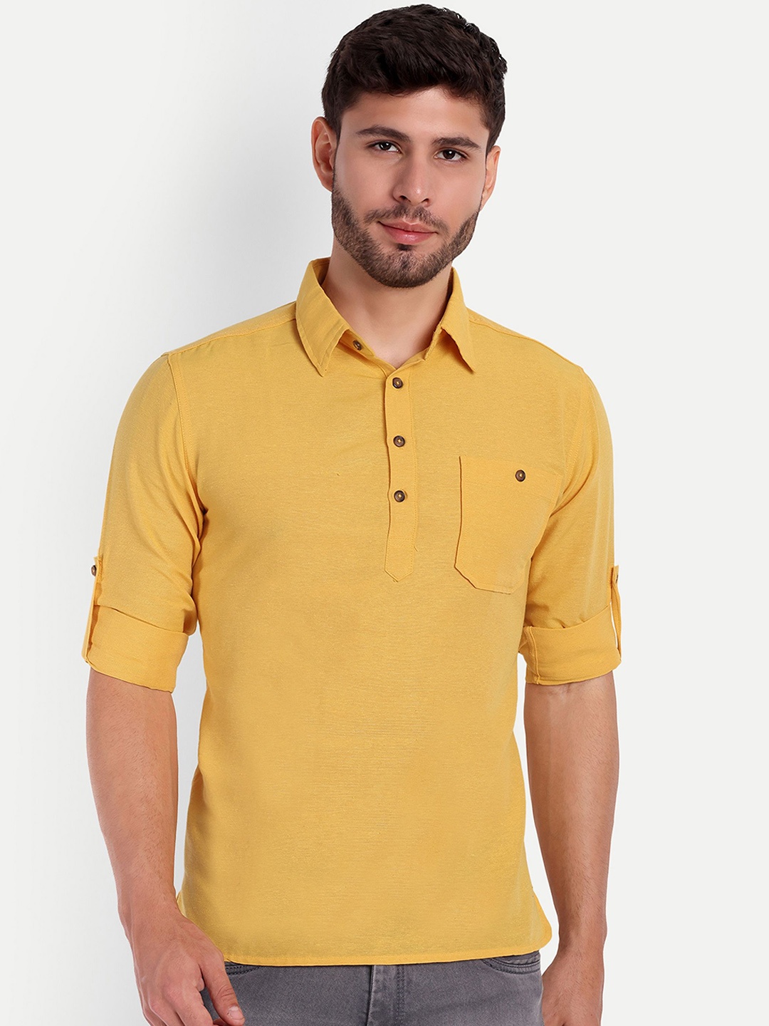 

LIFE ROADS Shirt Collar Roll-Up Sleeves Pure Cotton Straight Short Kurta, Yellow