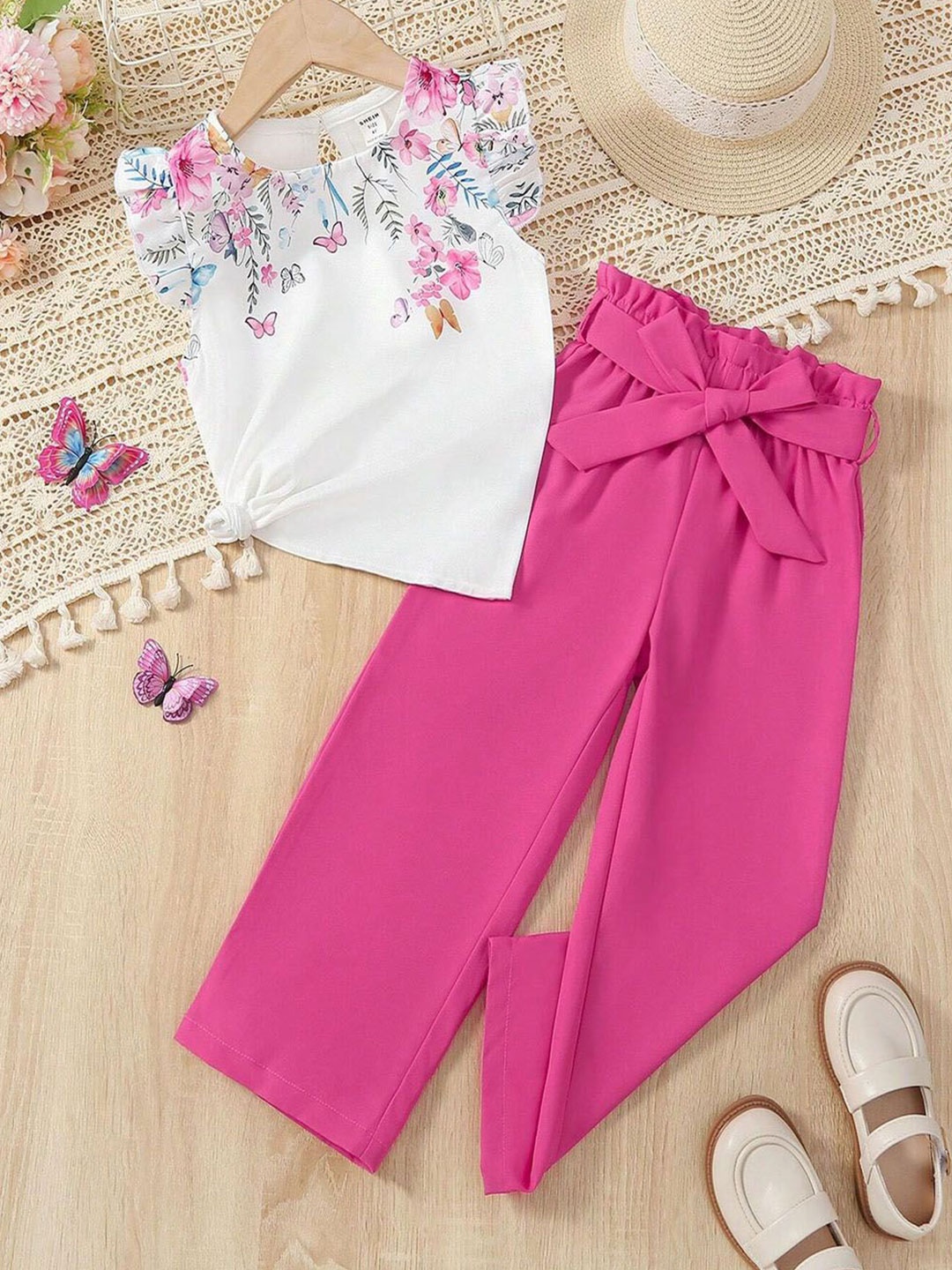 

BAESD Girls Printed Round Neck Top With Palazzos, Pink