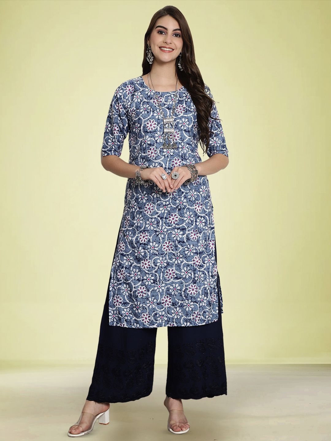 

Moda Rapido Floral Printed Round Neck Straight Kurtas, Blue