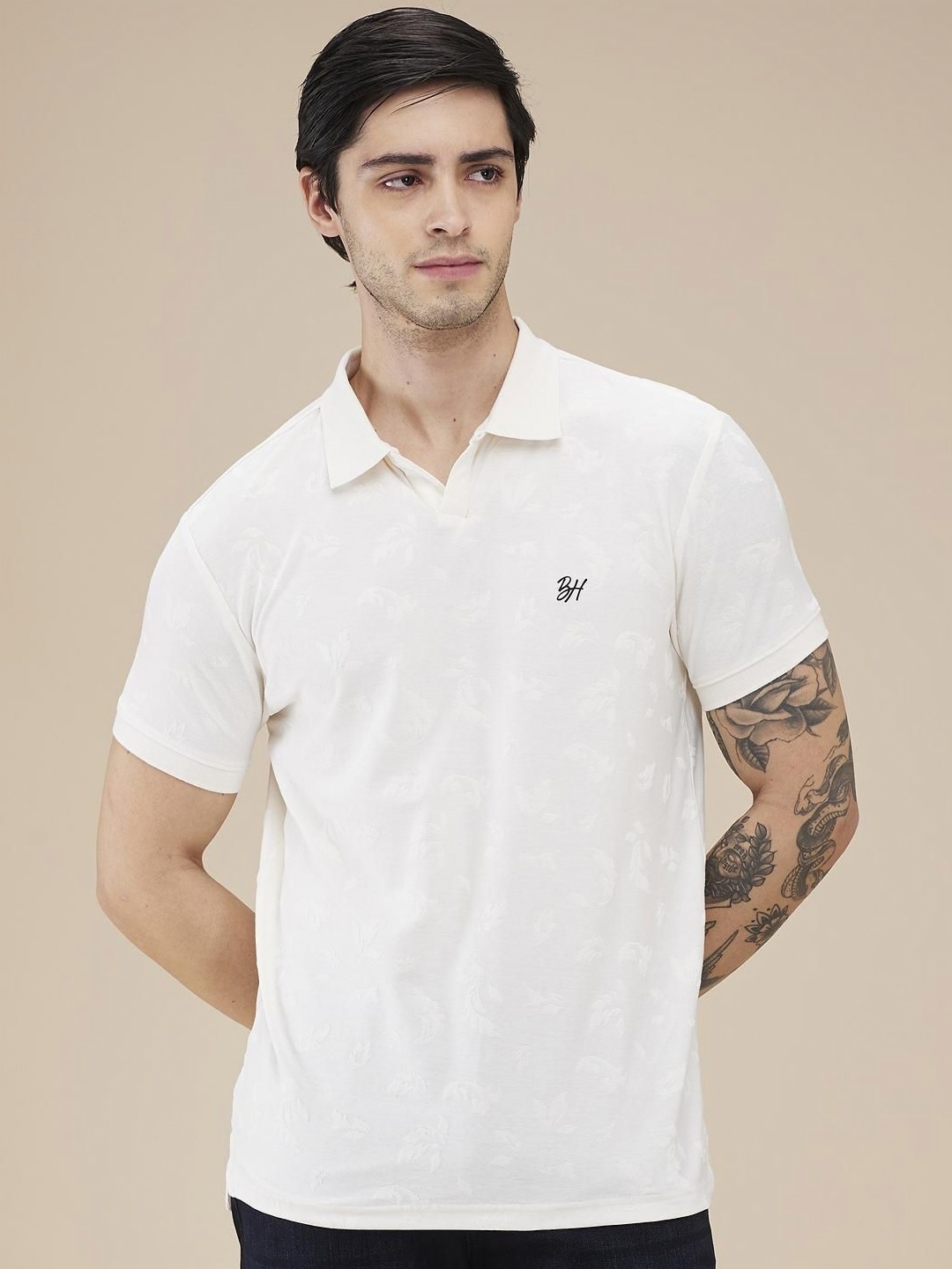 

Being Human Men Self Design Polo Collar Cotton Slim Fit T-shirt, Cream