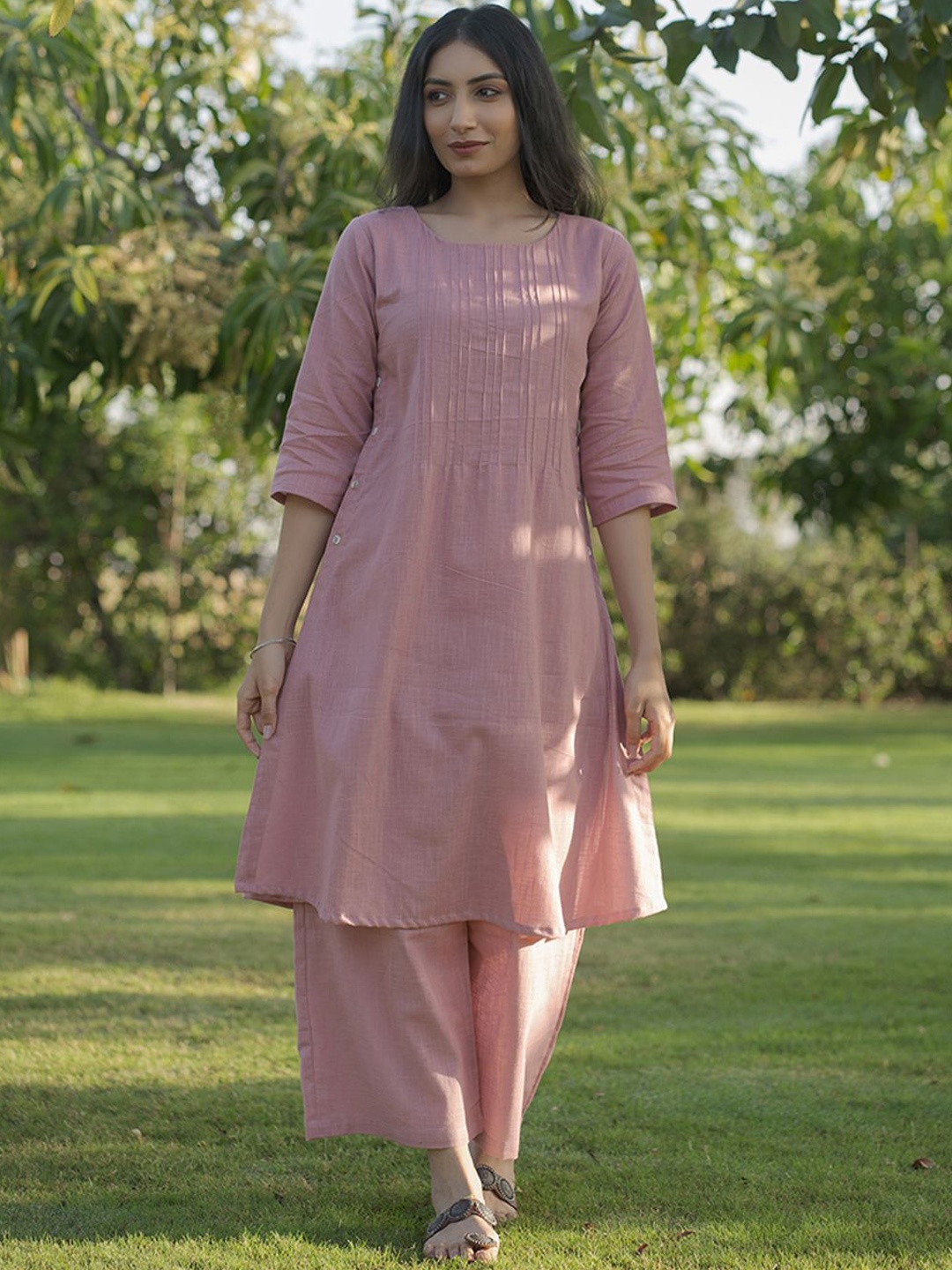 

JITI Pleated Pure Cotton Kurta with Palazzos, Pink