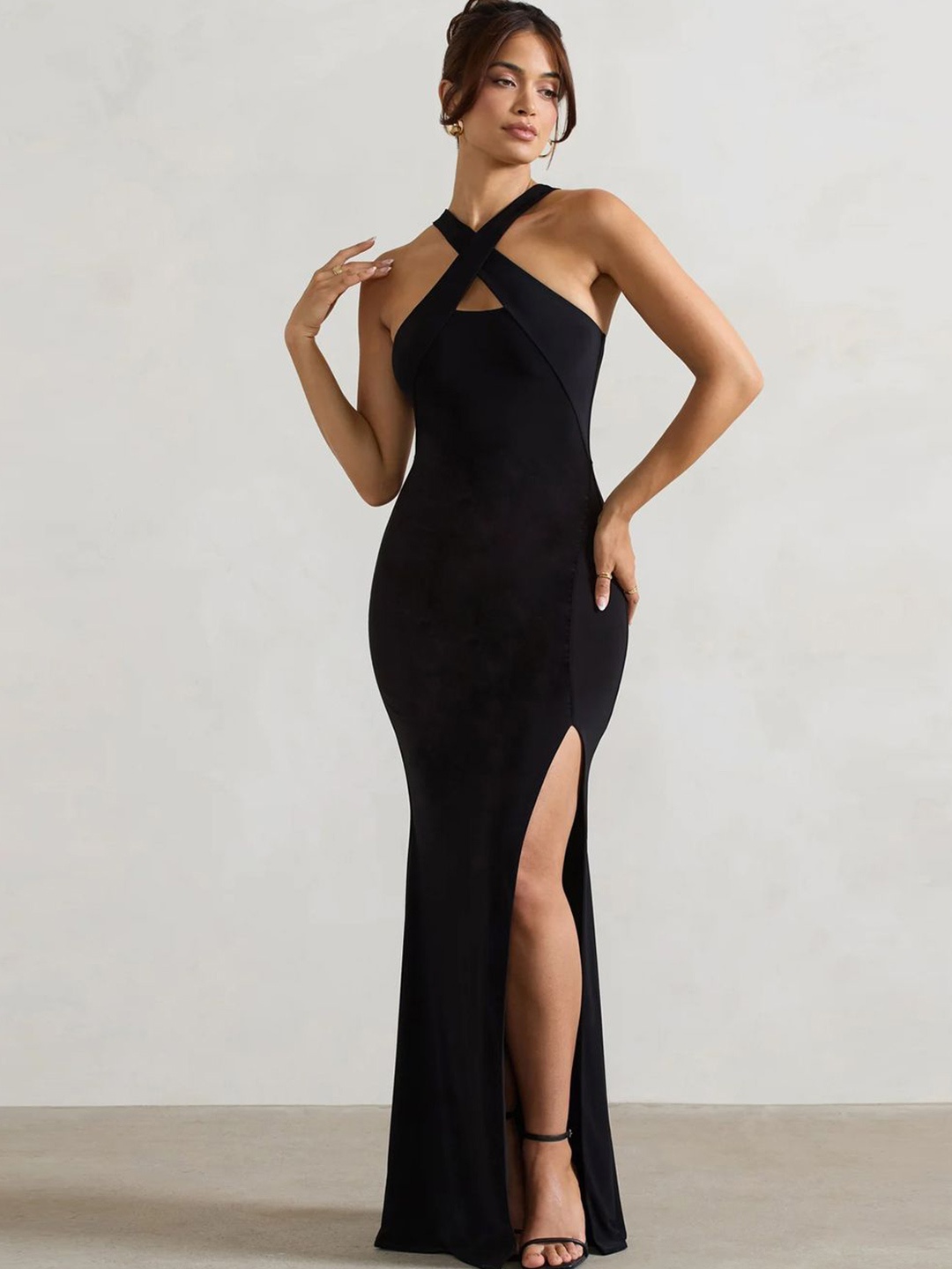 

Genzy Crepe Women Bodycon Maxi Dress, Black