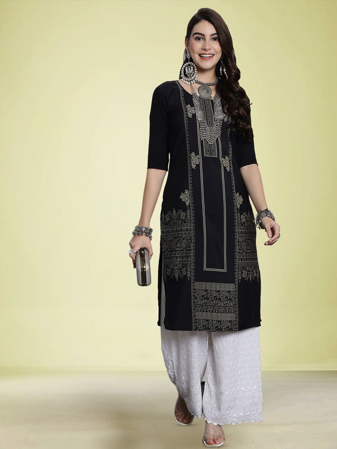 

Moda Rapido Ethnic Motifs Printed Round Neck Straight Kurta, Black