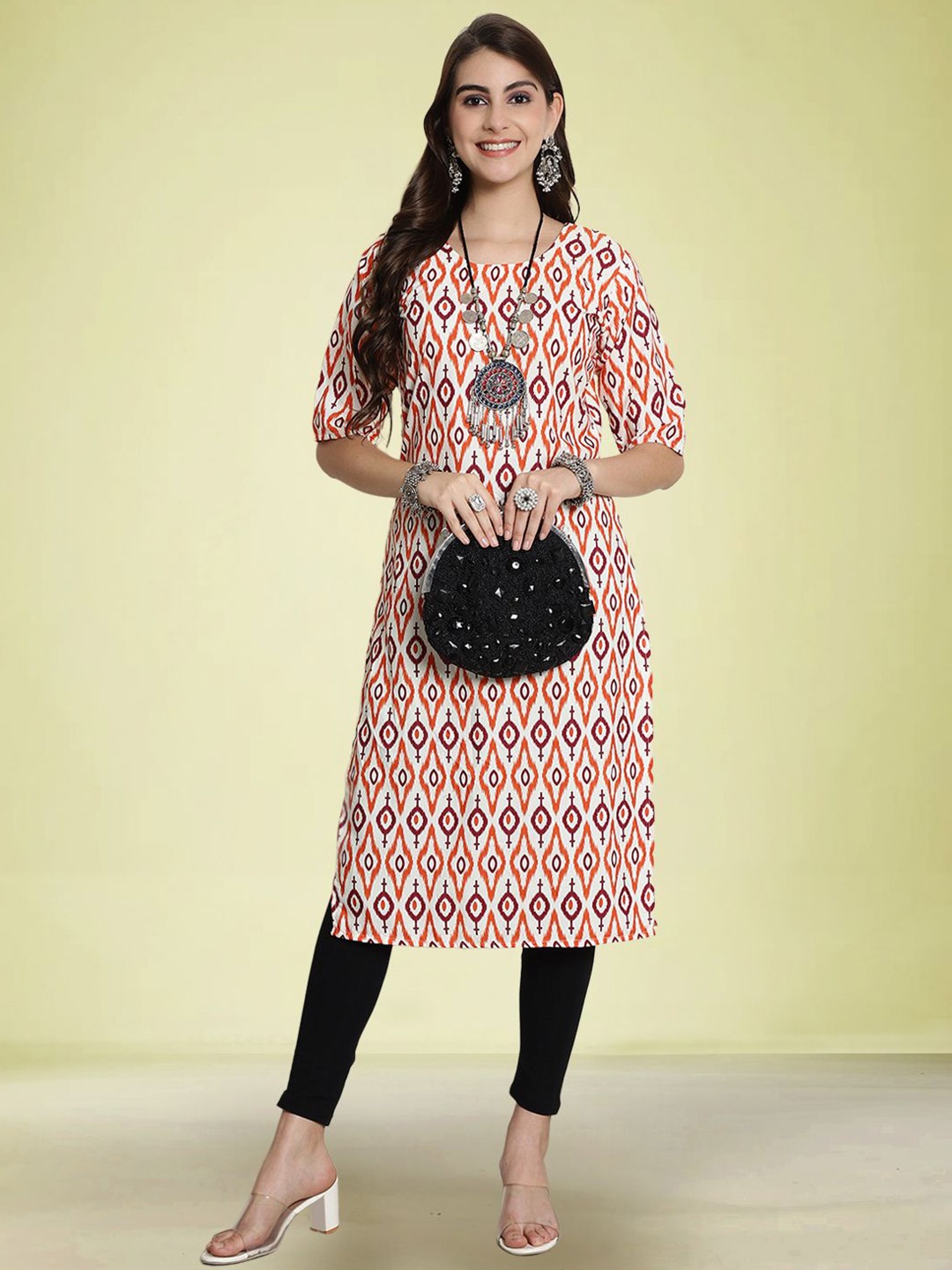 

Moda Rapido Ethnic Motifs Printed Round Neck Straight Kurta, White