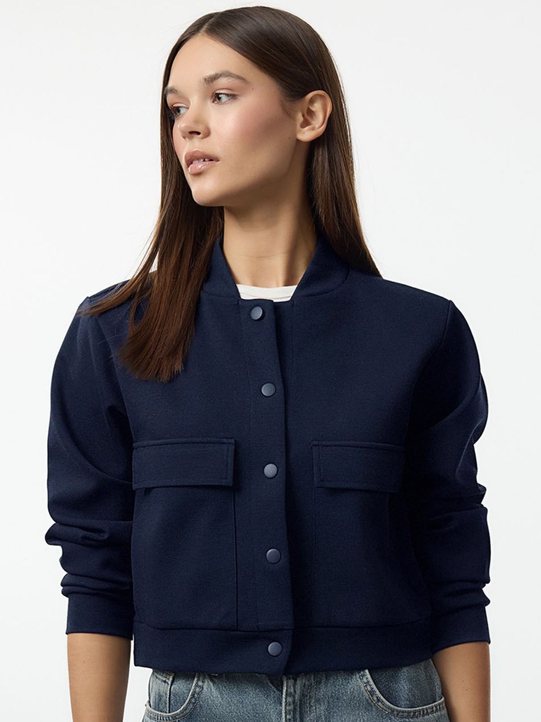 

Trendyol Women Stand Collar Solid Casual Tailored Jacket, Navy blue