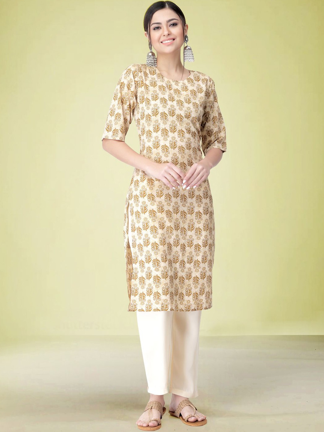 

Moda Rapido Floral Printed Round Neck Straight Kurta with Trouser, Beige