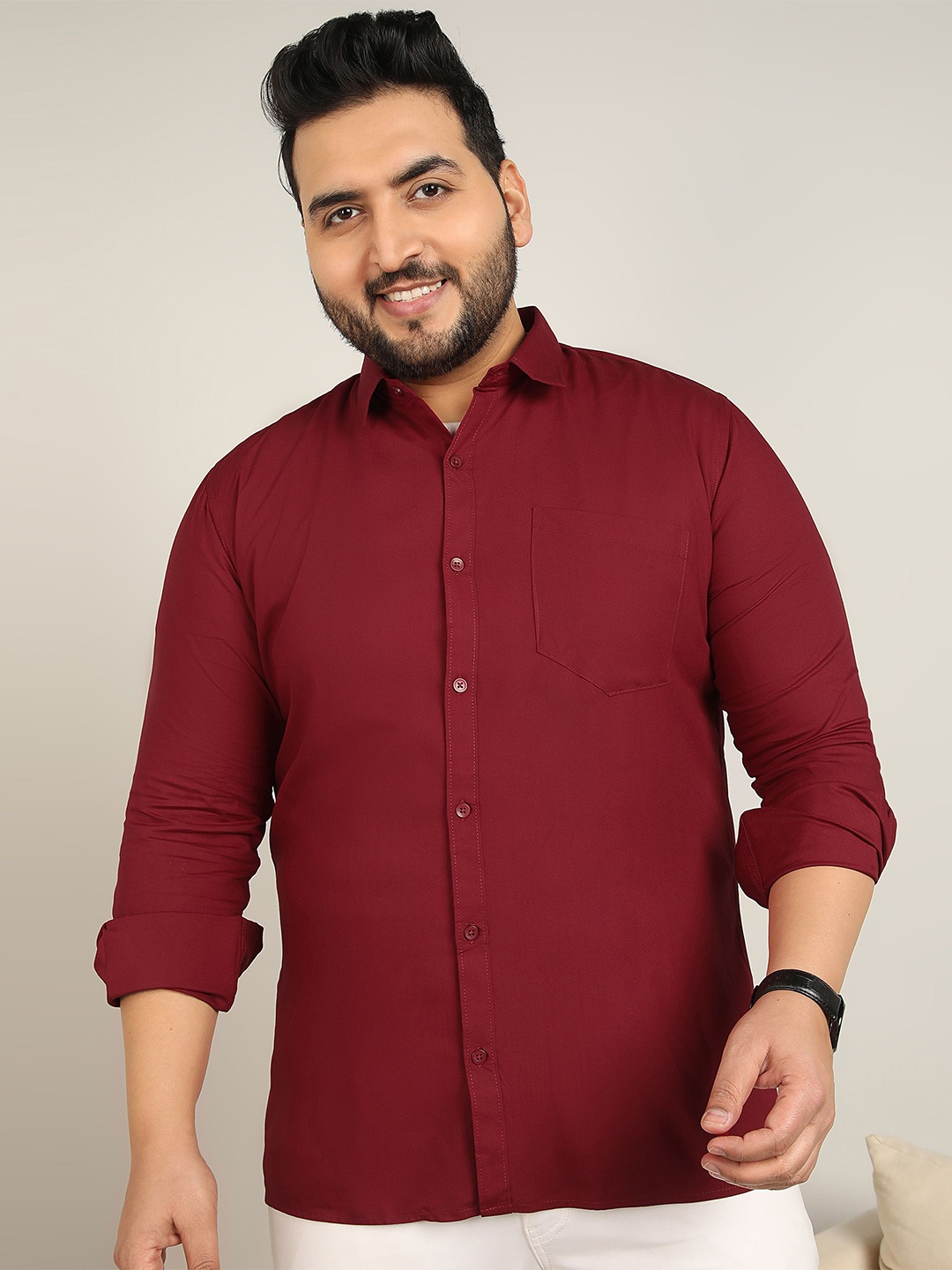 

ADWYN PETER Men Plus Size Classic Fit Spread Collar Solid Cotton Casual Shirt, Maroon