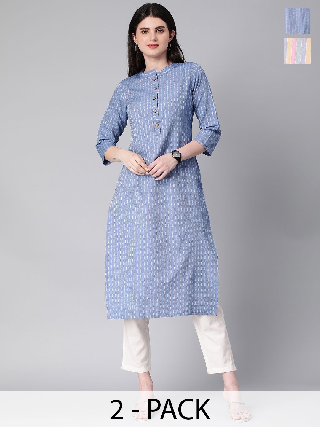 

KALINI Selection Of 2 Geometric Printed Round Neck Straight Kurta, Blue