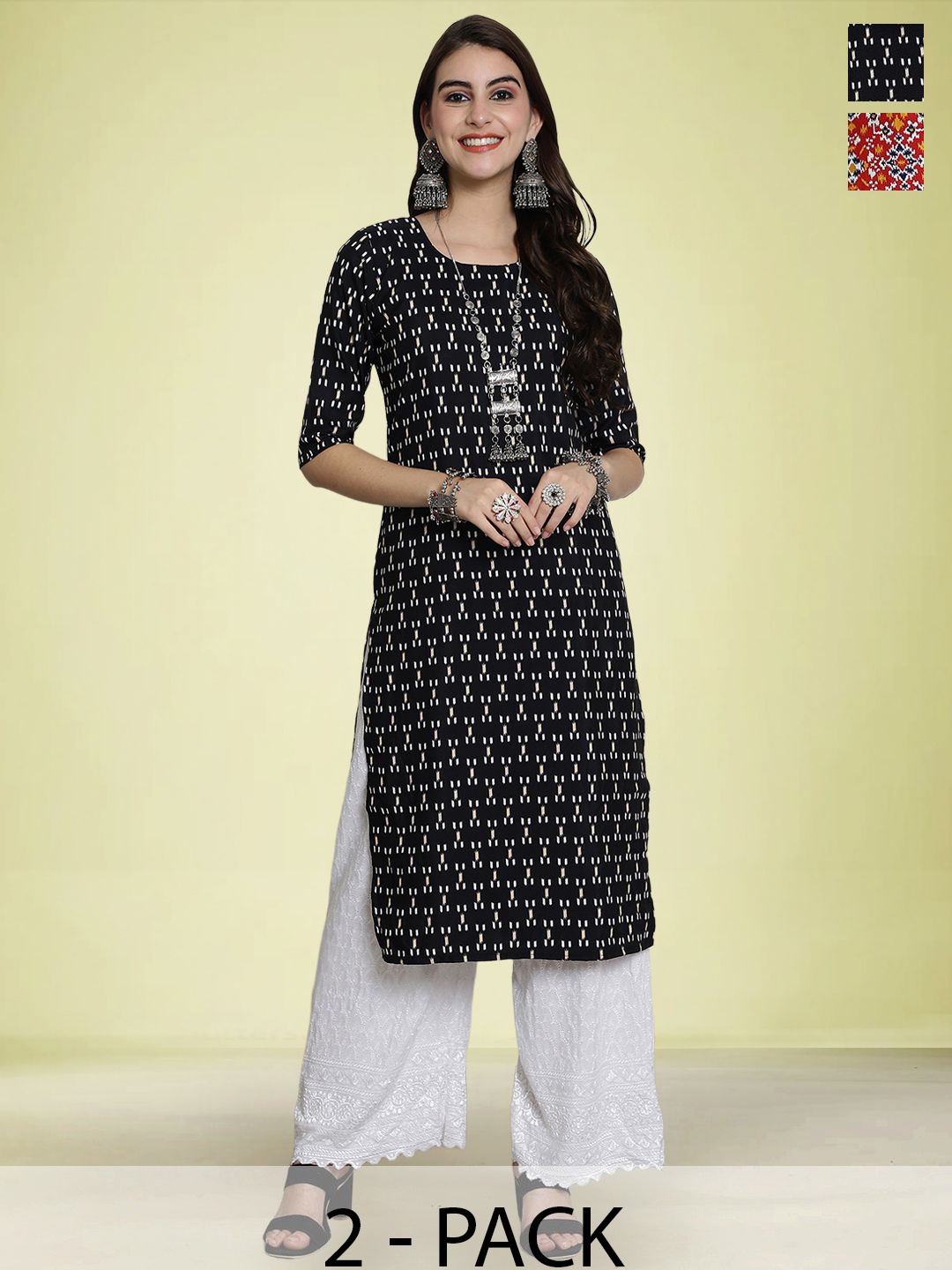 

Moda Rapido Women Selection Of 2 Geometric Printed Straight Kurtas, Black