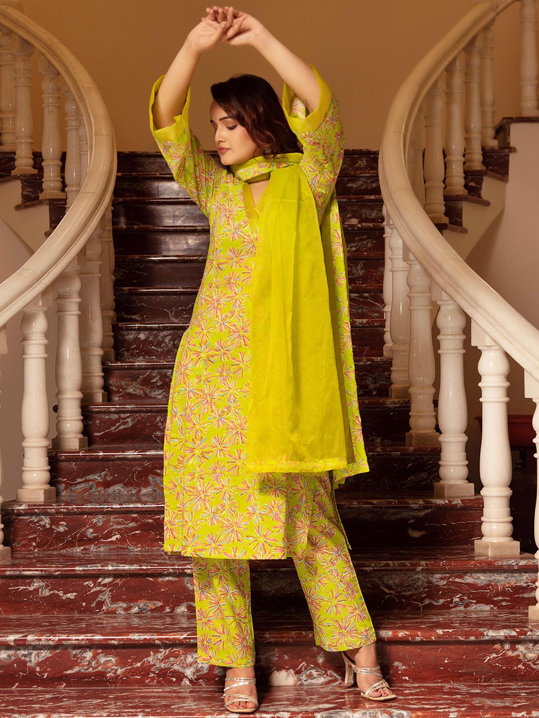 

Pomcha Floral Printed Pure Cotton Straight Kurta with Trousers & Dupatta, Green