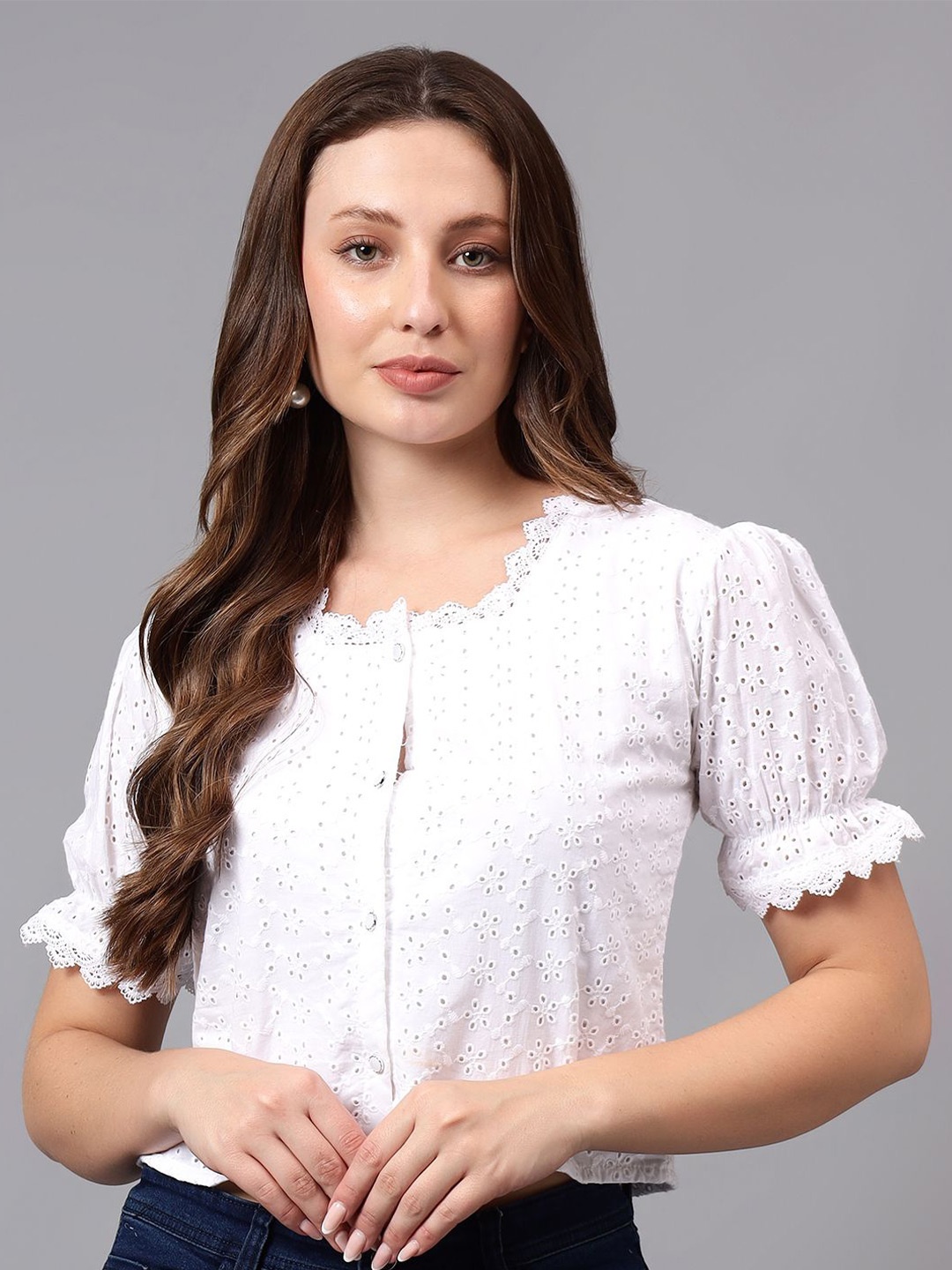 

Bright Nex Women Cotton Chicken Shirt Style Lace Inserts Top, White