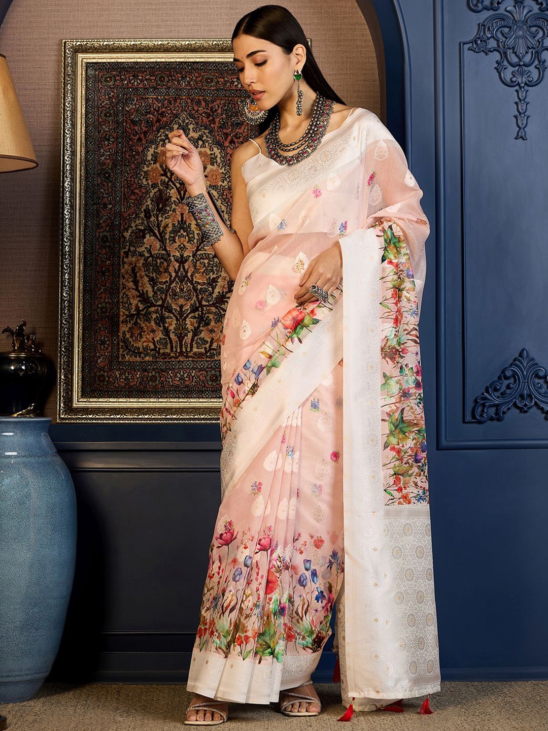 

Mitera Floral Woven Design Zari Muga Saree, Peach