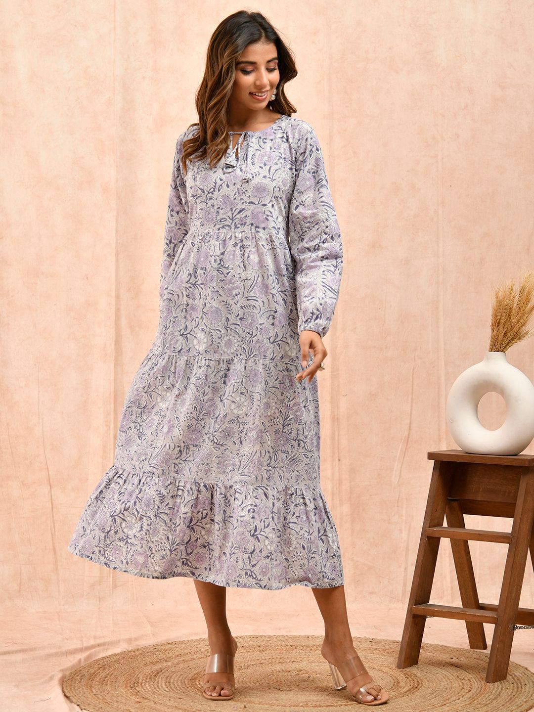 

Eco Clothing Women Floral Printed Cotton Fit & Flare Midi Dress, Lavender