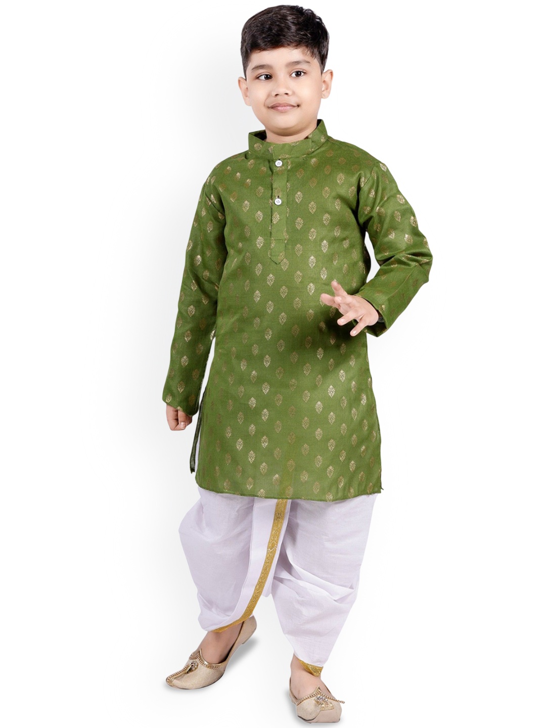 

BAESD Boys Ethnic Motifs Printed Mandarin Collar Straight Kurta with Dhoti Pants, Green