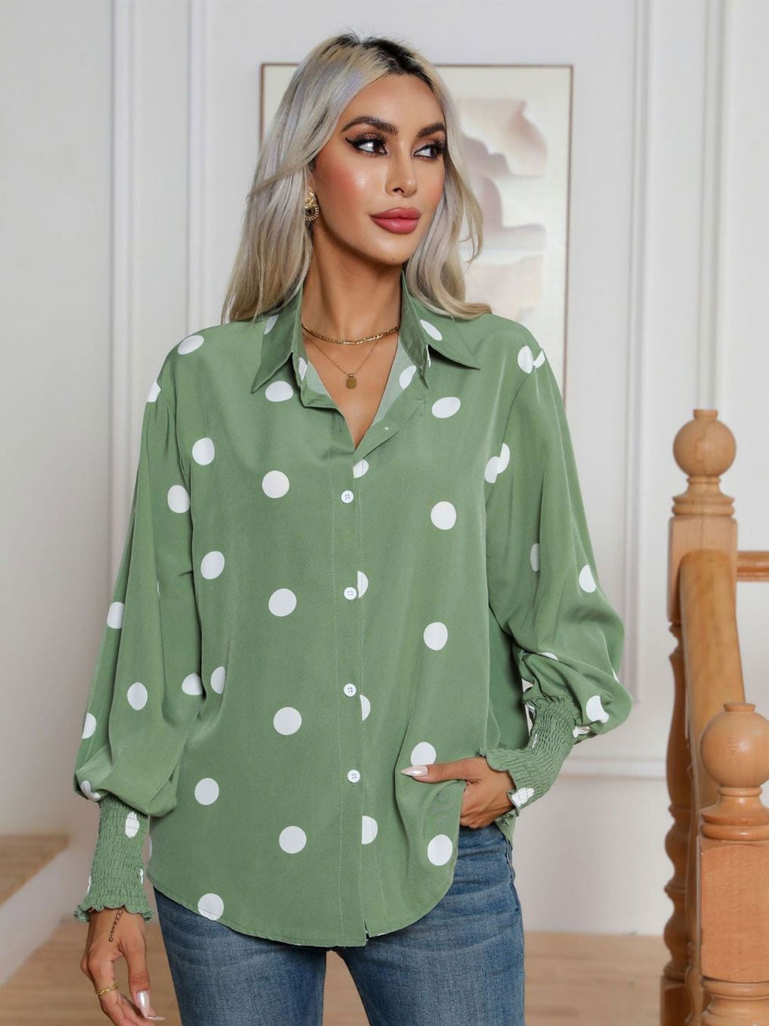 

Oh Rare Women Polka Dots Printed Casual Shirt, Olive