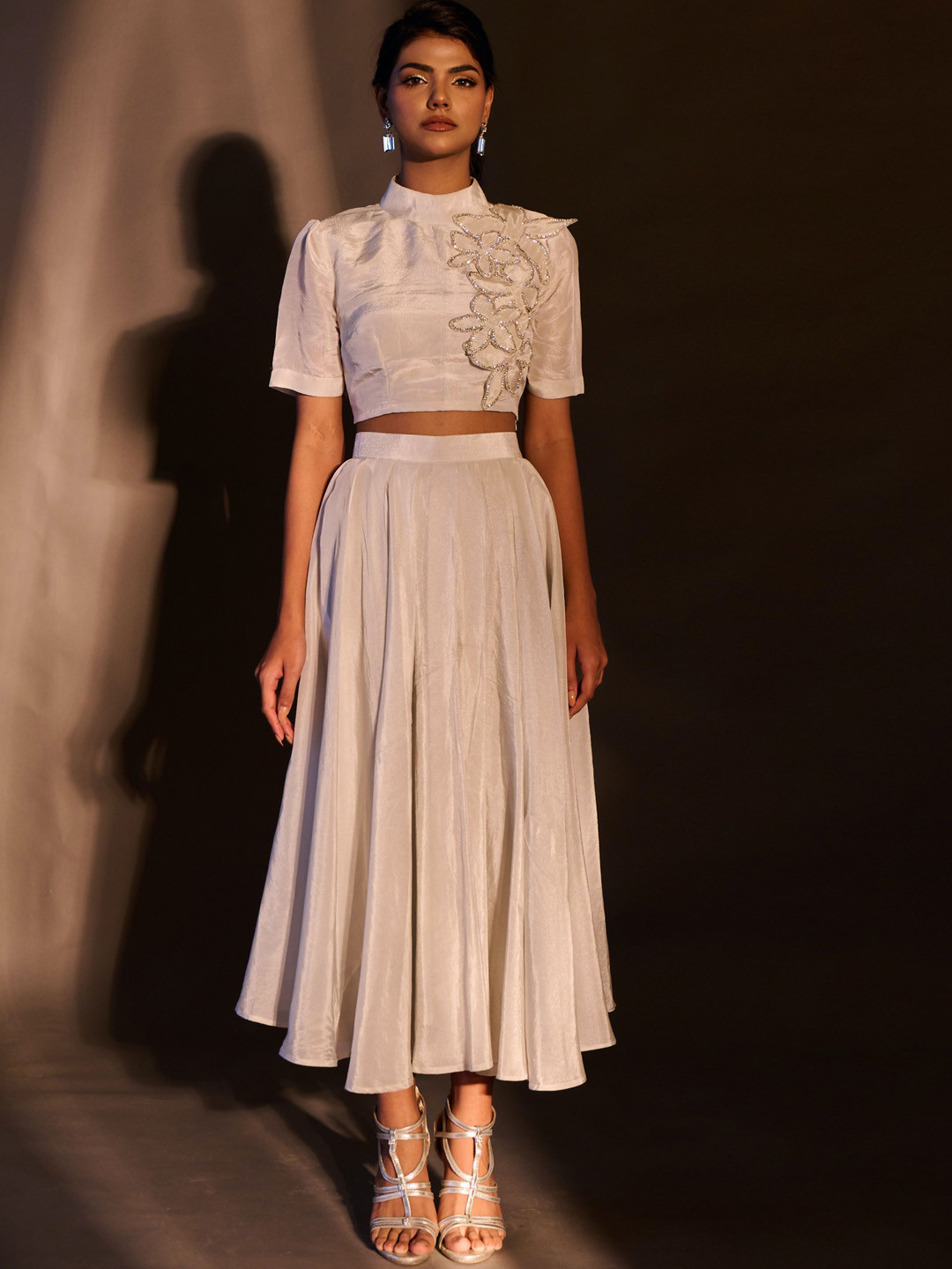 

WEAVING CULT Floral Embellished High Neck Puff Sleeves Top With Skirt, White