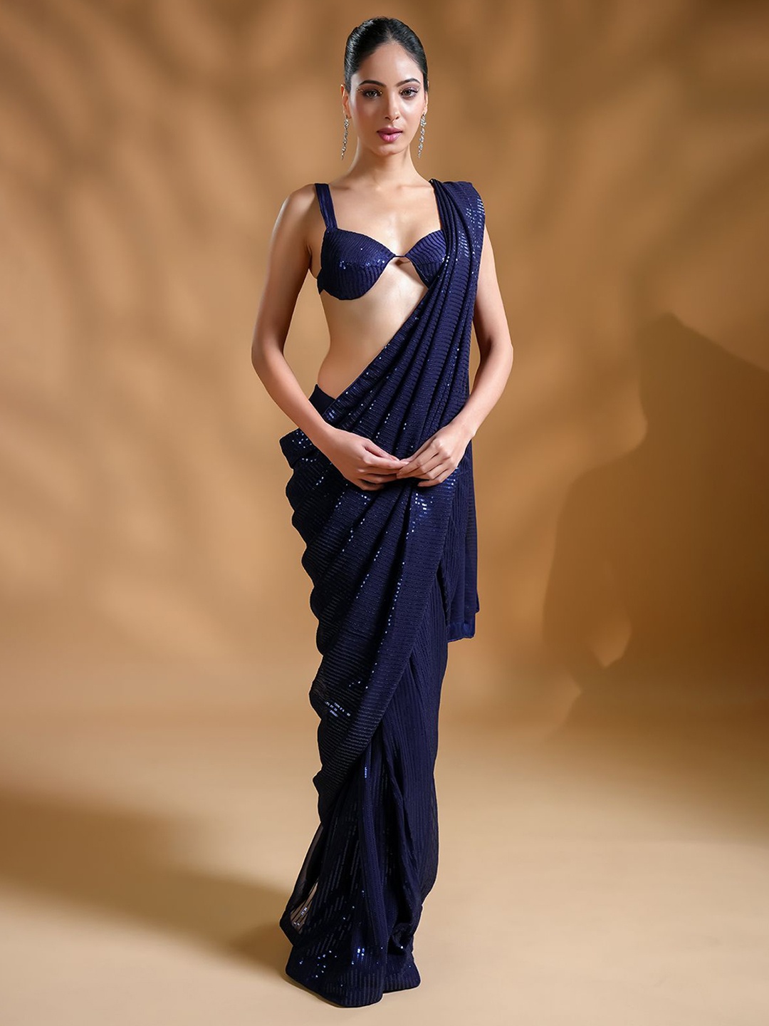 

HANDME Ready to Wear Sequin Saree, Navy blue