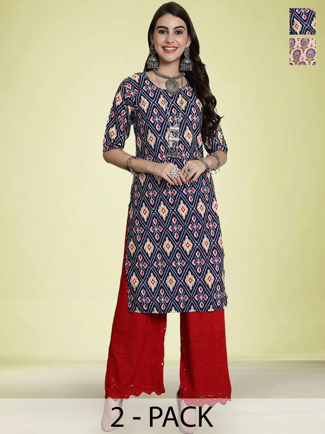 

Moda Rapido Selection Of 2 Geometric Printed Round Neck Straight Kurta, Navy blue