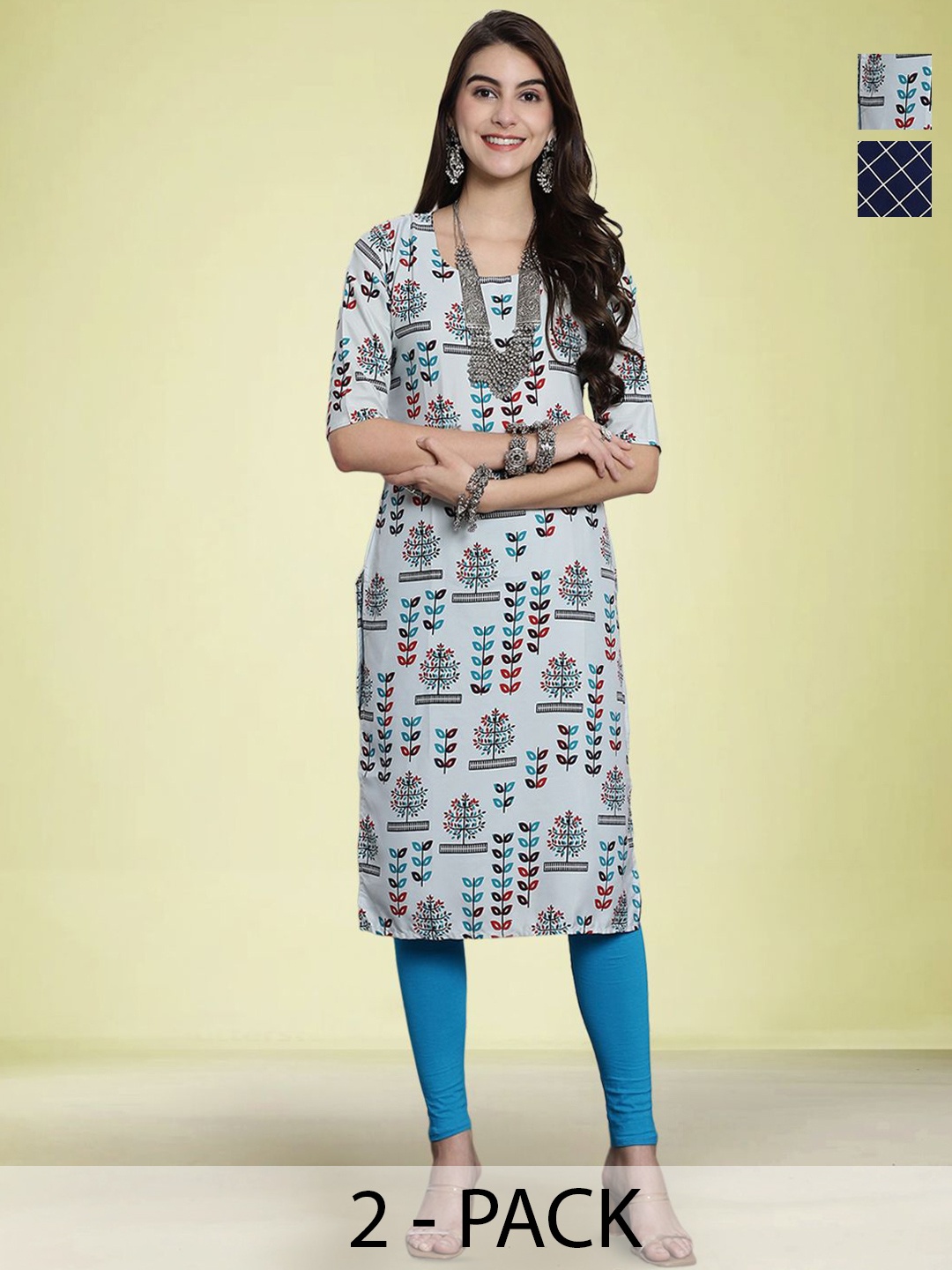 

Moda Rapido Selection Of 2 Floral Printed Round Neck Straight Kurtas, Grey