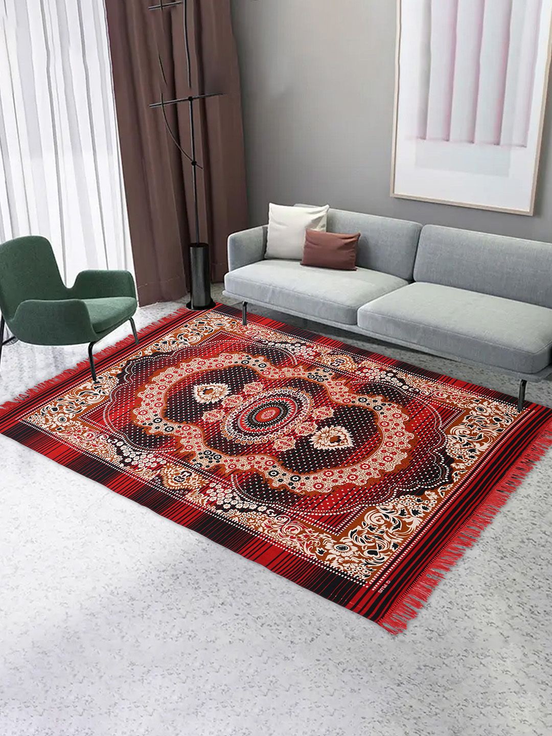 

Kuber Industries Red Ethnic Motifs Anti-Skid Velvet Carpet