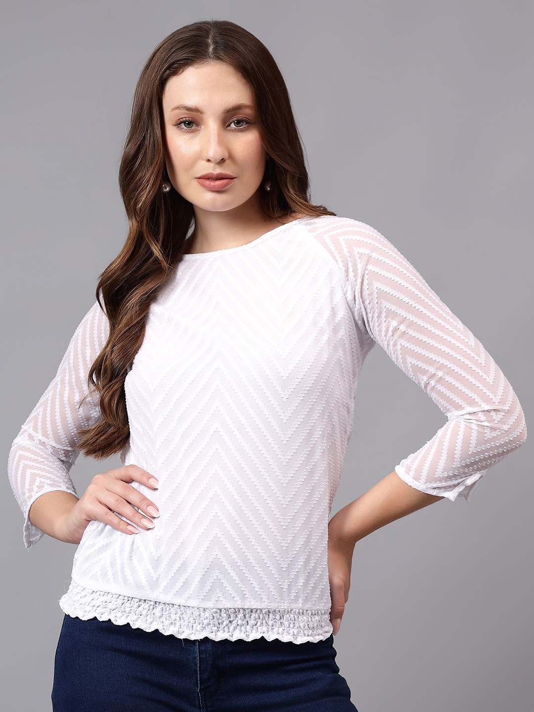 

Bright Nex Women Geometric Striped Blouson Top, White