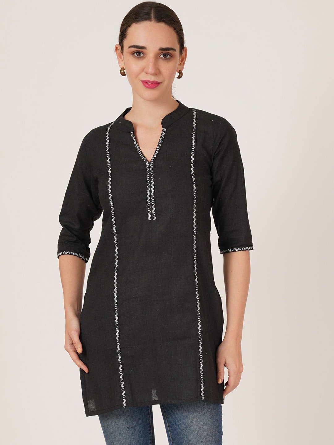 

Brownverse Mandarin Collar Thread Work Pure Cotton Straight Kurti, Black