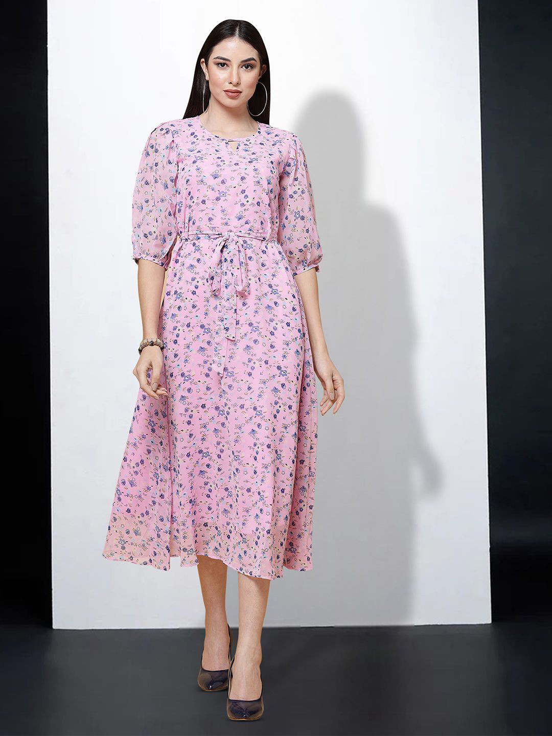 

MISS AYSE Floral Print Applique Fit & Flare Dress, Pink