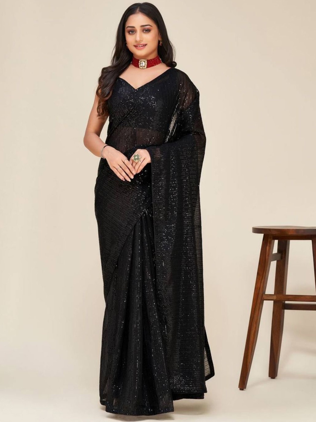 

Anouk Embellished Sequinned Saree, Black