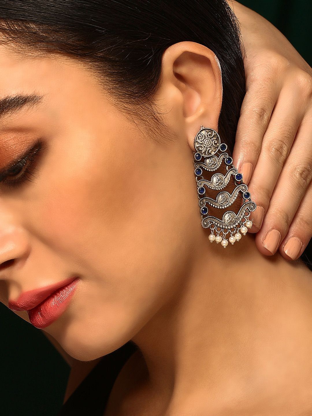 

Priyaasi Silver-Plated Stone Studded Oxidized Kemp Contemporary Chandbalis Earrings, Blue