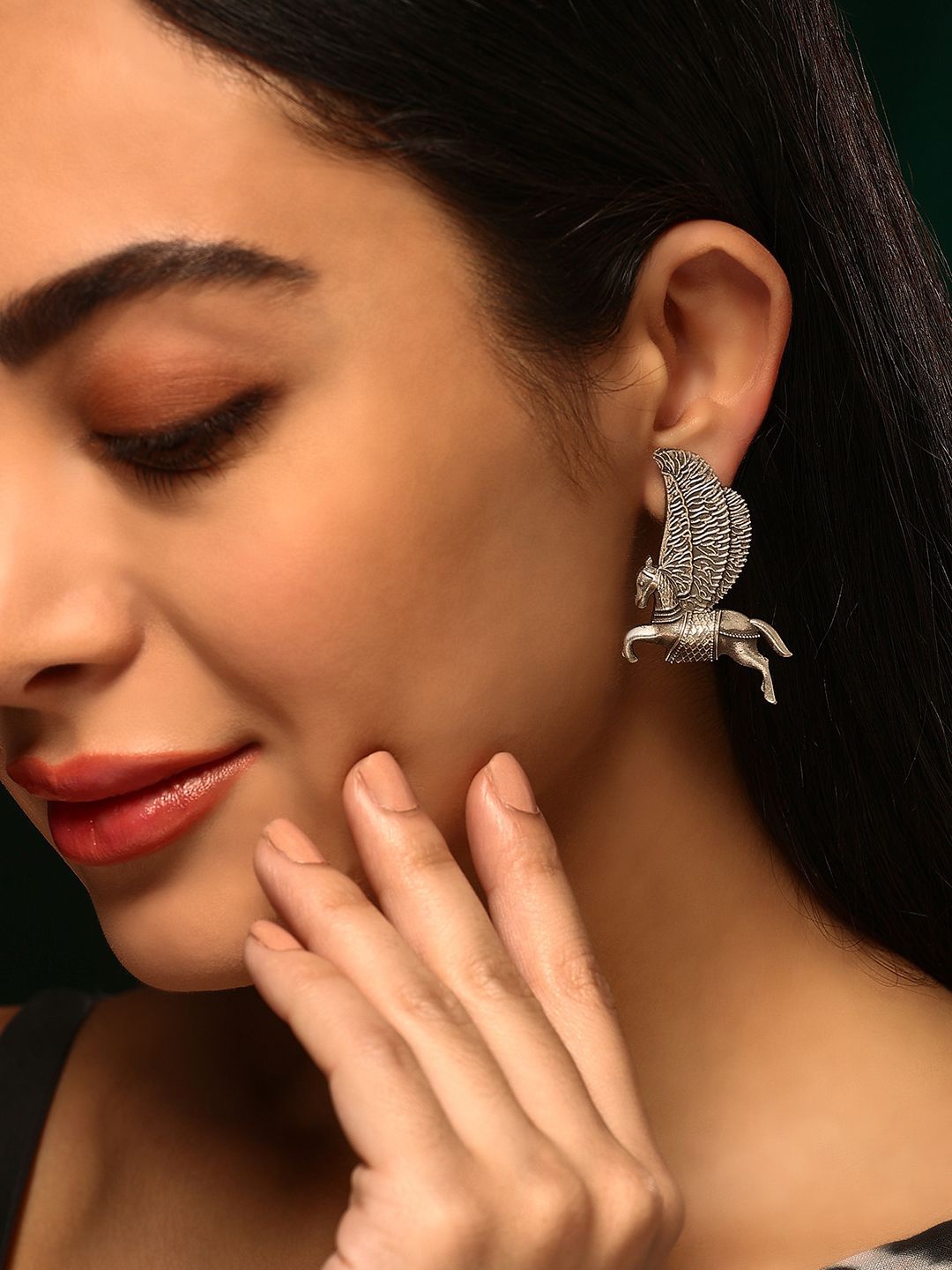 

Priyaasi Silver-Plated Contemporary Oxidised Unicorn Drop Earrings