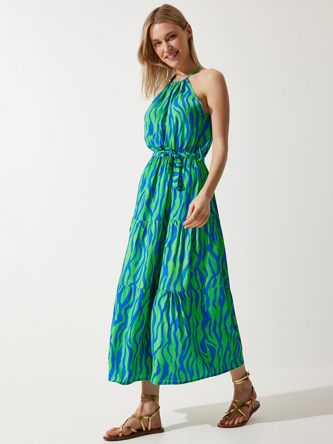 

Happiness istanbul Printed Halter Neck Midi Dress, Green