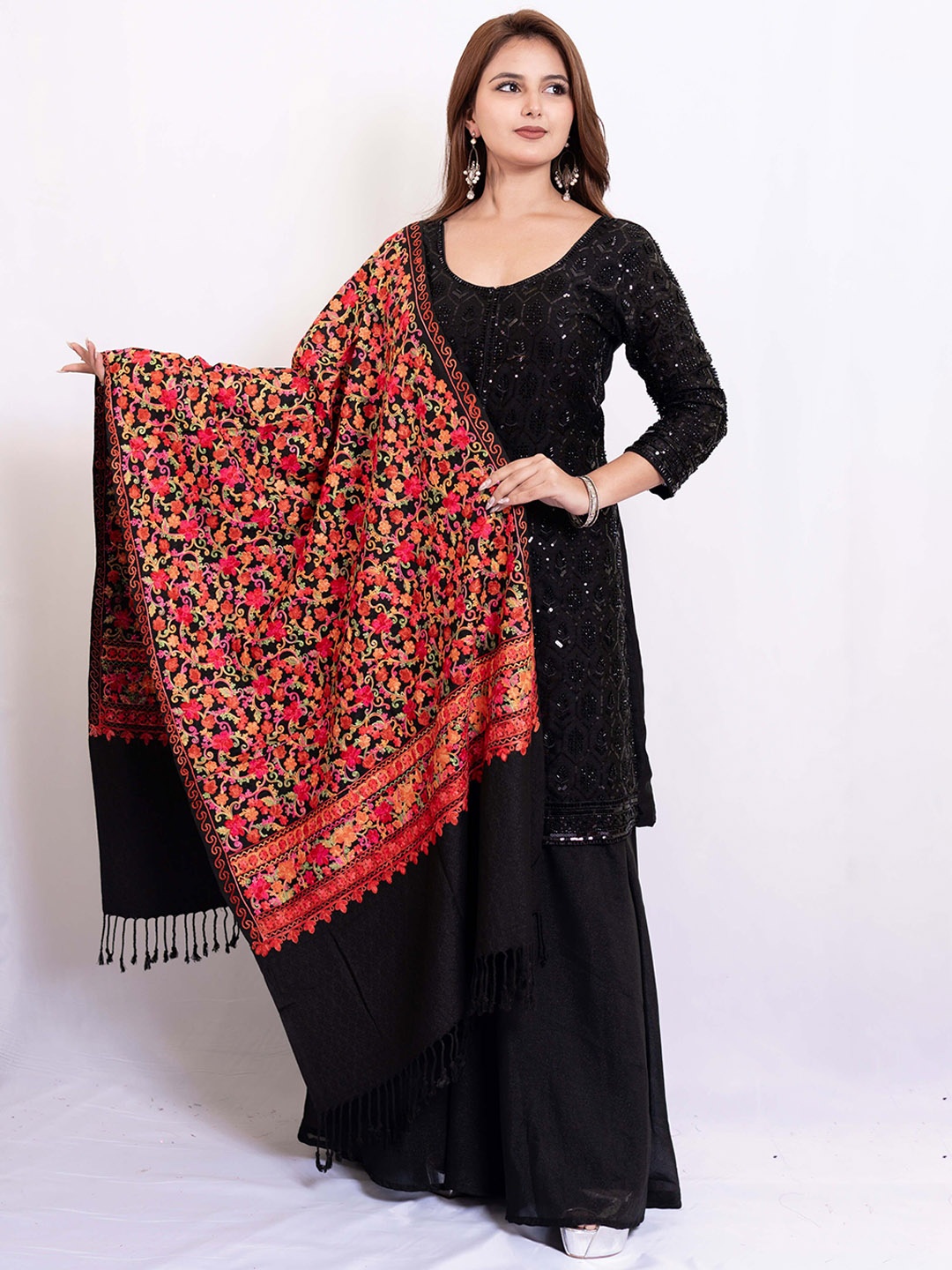 

PASHGIRI Ethnic Motifs Embroidered Shawl, Black