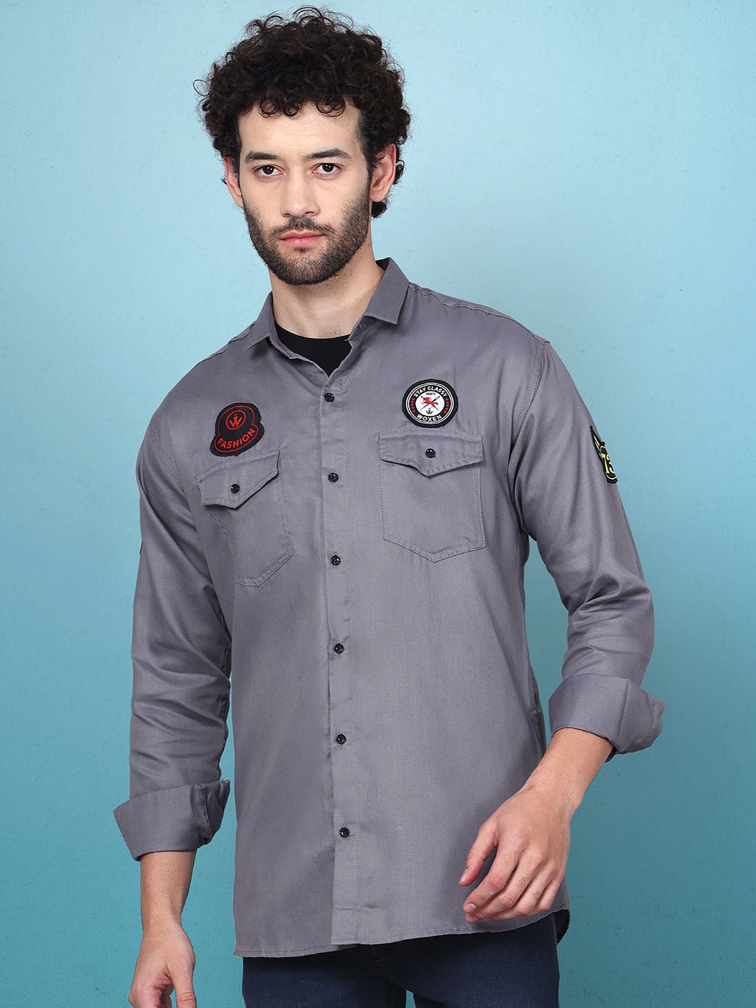 

WOXEN Men Original Fit Spread Collar Solid Cotton Casual Shirt, Grey