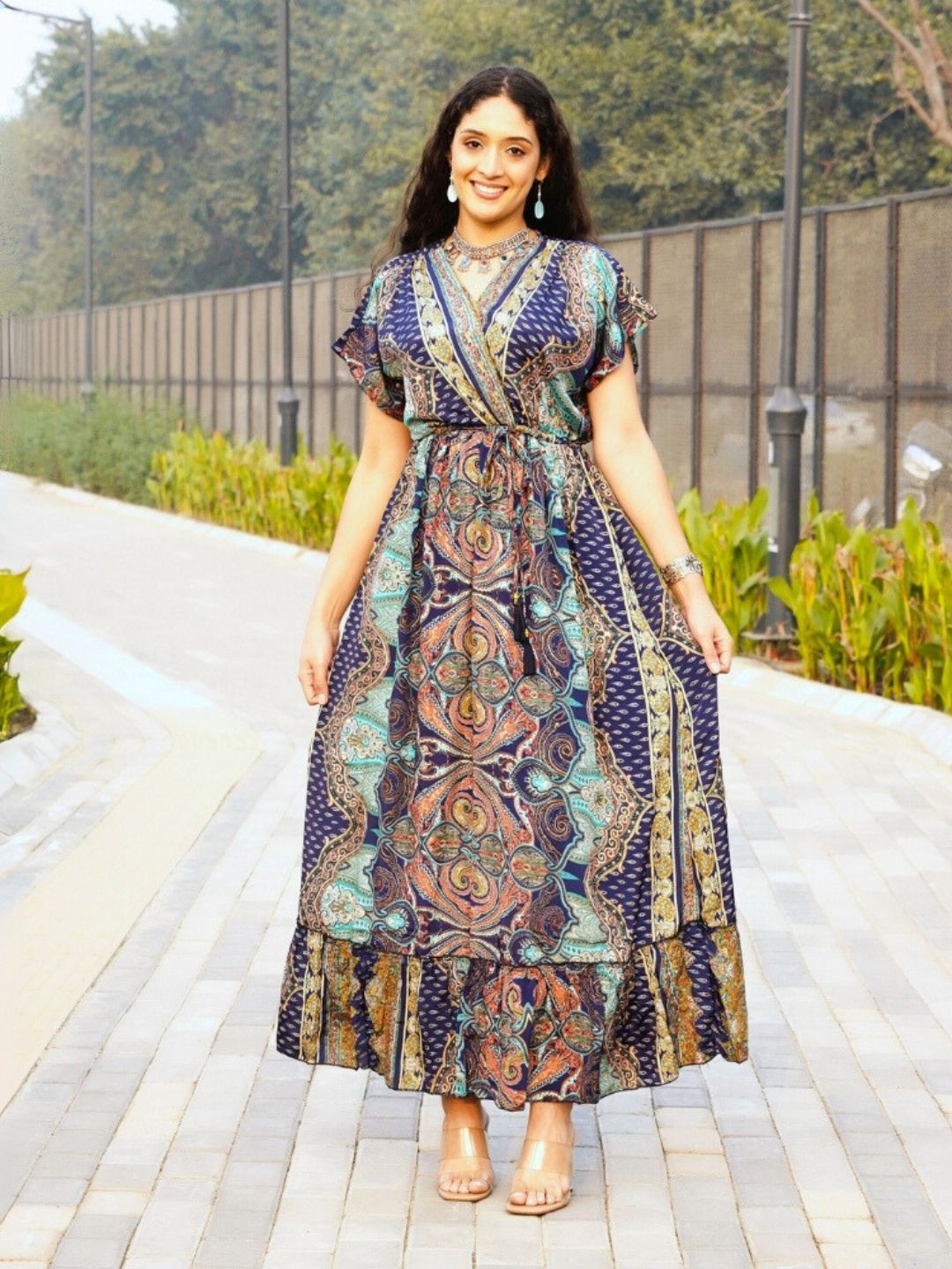 

Boholyfe Bohemian Print A-Line Maxi Dress, Navy blue