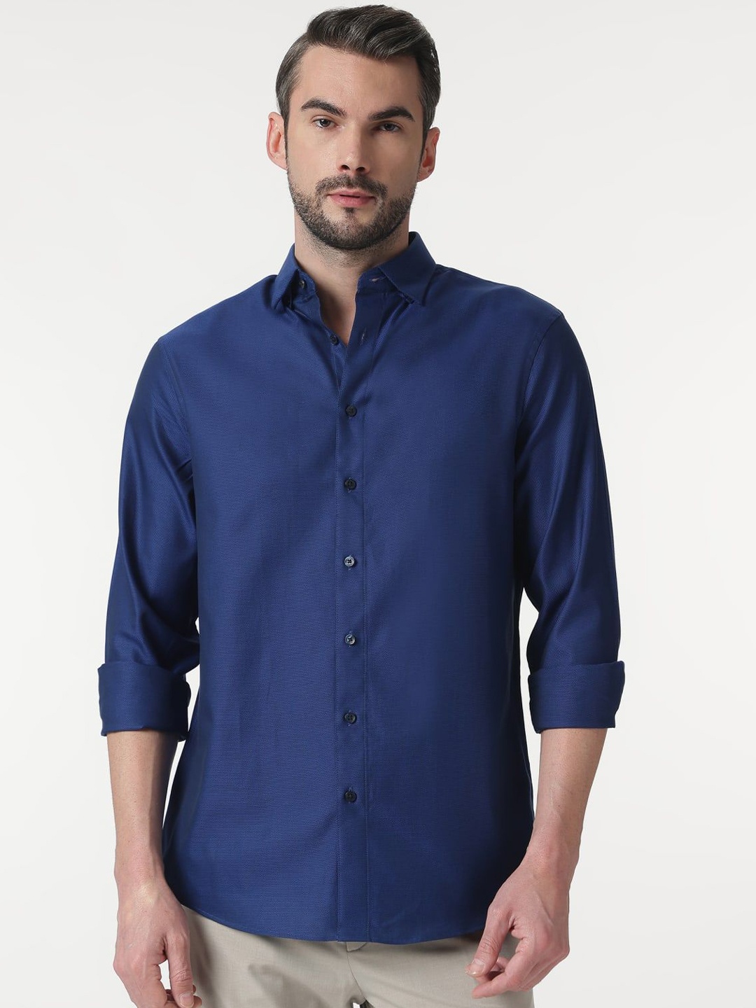 

Marks & Spencer Men Spread Collar Solid Cotton Casual Shirt, Navy blue