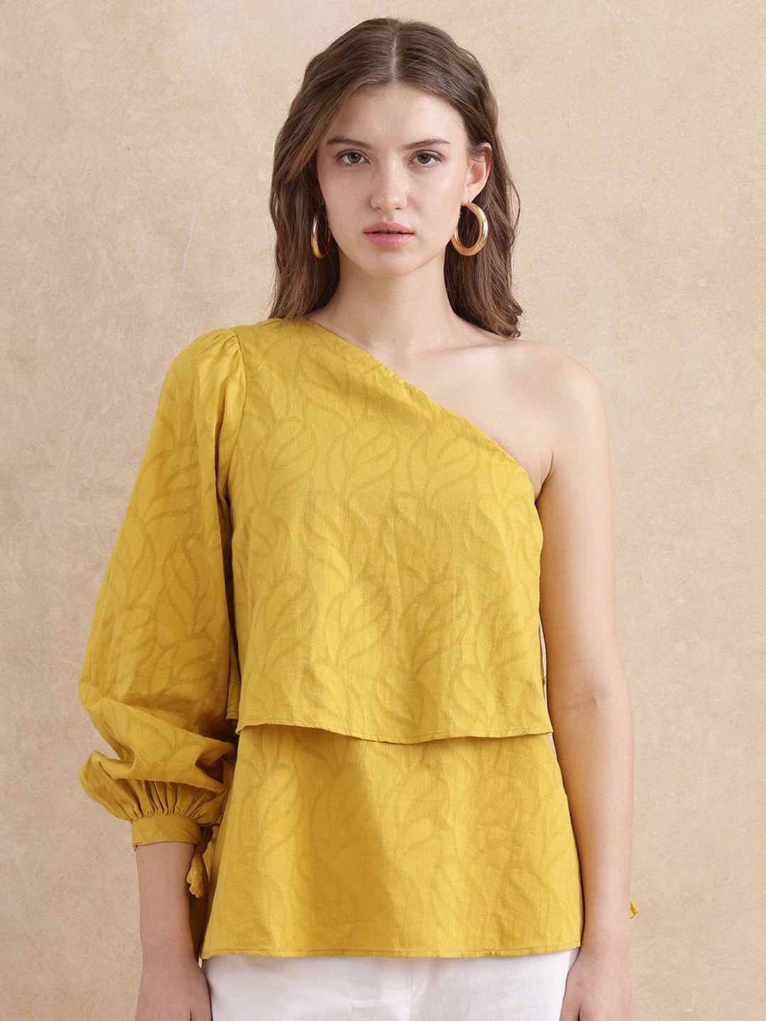 

RAREISM Print One Shoulder Cotton Top, Mustard