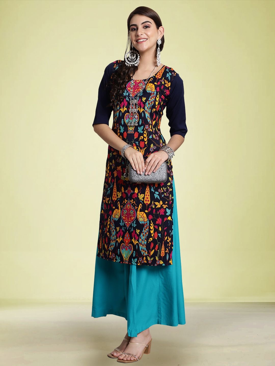 

Moda Rapido Ethnic Motifs Printed Round Neck Straight Kurtas, Blue